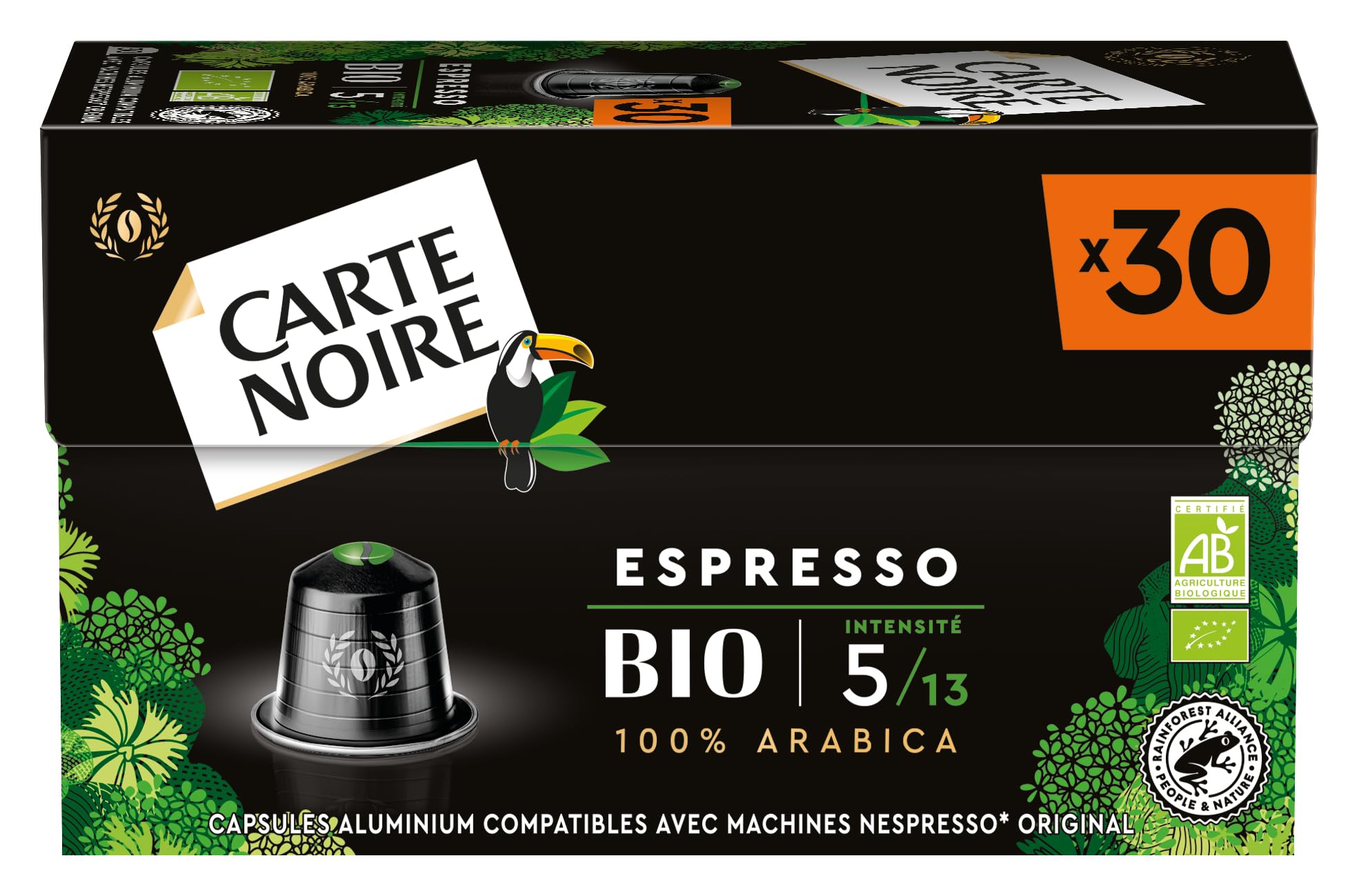 CARTE NOIRE - Capsules de Café Bio Compatibles Nespresso - Café Arabica - Lot de 30 x 8 Capsules Aluminium - Fabriqué en France (240 capsules)
