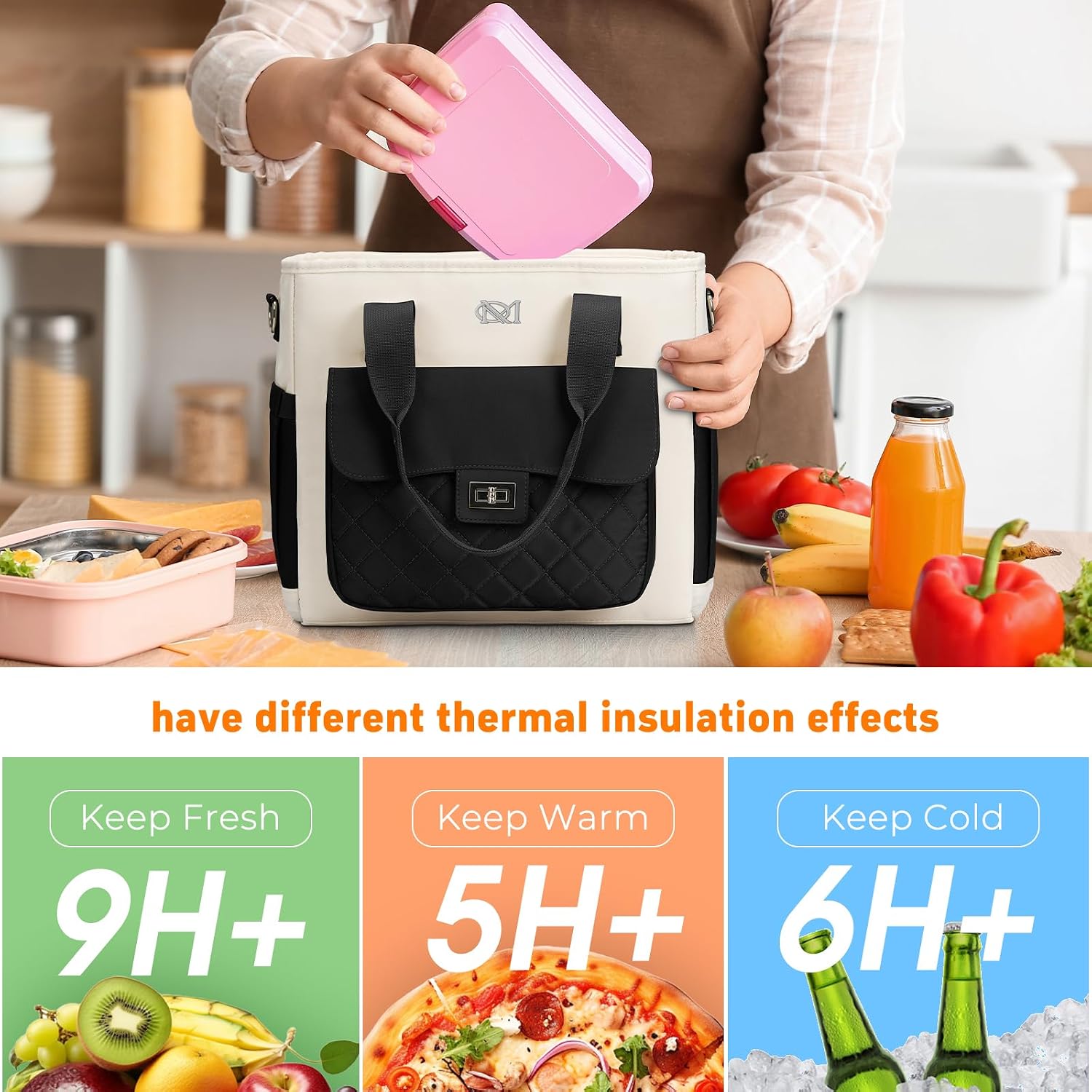 Women Lunch Box for Work,Large Insulated Lunch Bag Leakproof Lunch Tote Bag Cooler for Adults,Loncheras para Mujer,Black Beige