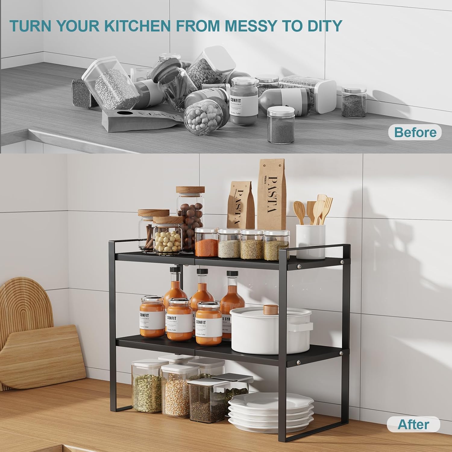 2 Tier Cabinet Shelf Expandable Cupboard Under Sink Countertop Organizer Riser Rack for Kitchen Pantry Home Organization Extra Storage Space Saver Heavy Duty