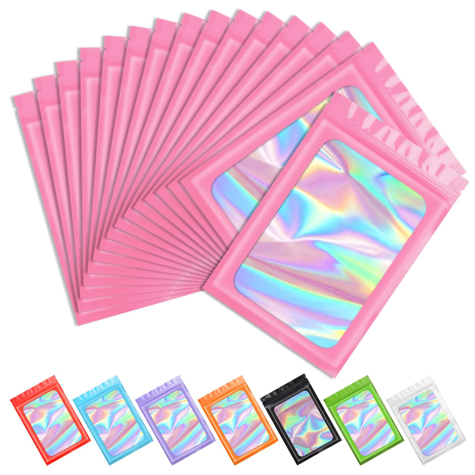 Funfery 100pcs Pink Mylar Holographic Bags Packaging Bags for Food Storage