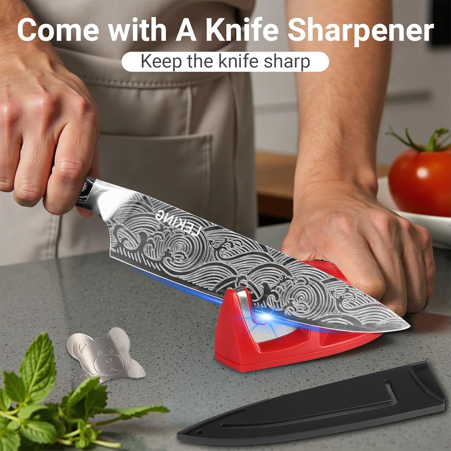 Leking 8 Inch Chef Knife, Kitchen Knife with Sharpener and Finger Guard, Professional High Carbon Stainless Steel Sharp Chef's Knife Set with Ergonomic Handle in Premium Gift Box - Image 4