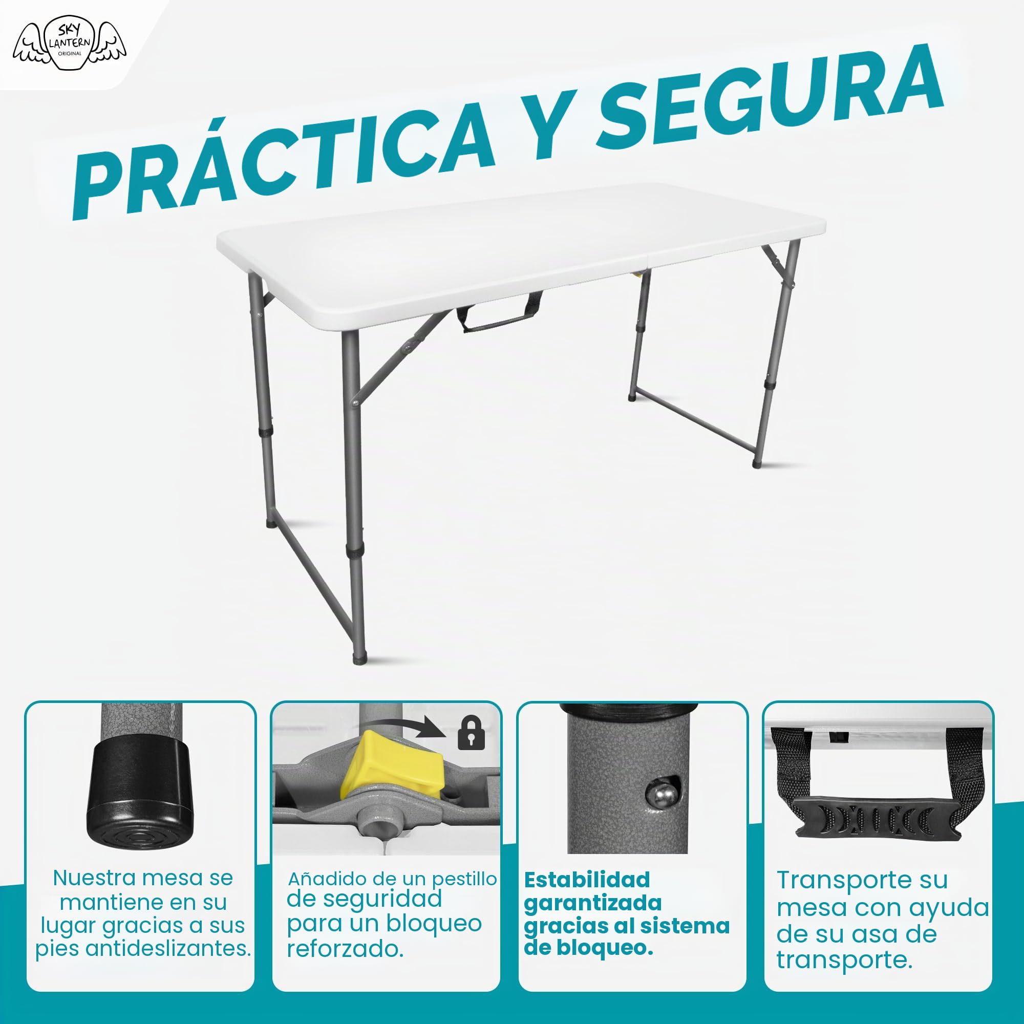 SKYLANTERN - Mesa Plegable Mesilla Tablero (120 cm, rectangular, color blanco, altura ajustable, 6 personas, 120 x 60 x 74 cm, de HDPE de alta densidad, grosor 3,5 cm)