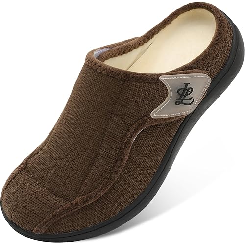 LeIsfIt Mens Slippers Wide Diabetic House Slippers Adjustable Slip On Warm Bedroom House Shoes for Edema Swollen Feet Indoor Outdoor Slipper