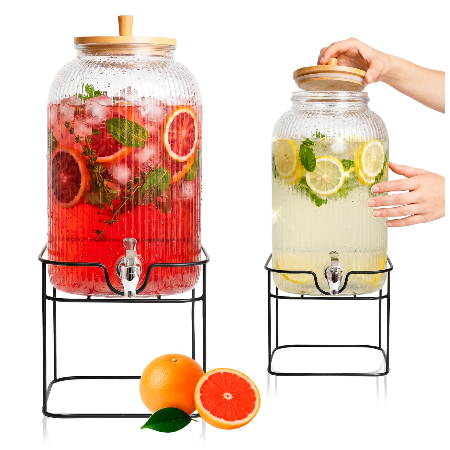 Recipiente de cristal de 8 litros con grifo y tapa de bambú – para limonada, agua y zumo (acero inoxidable negro + soporte)