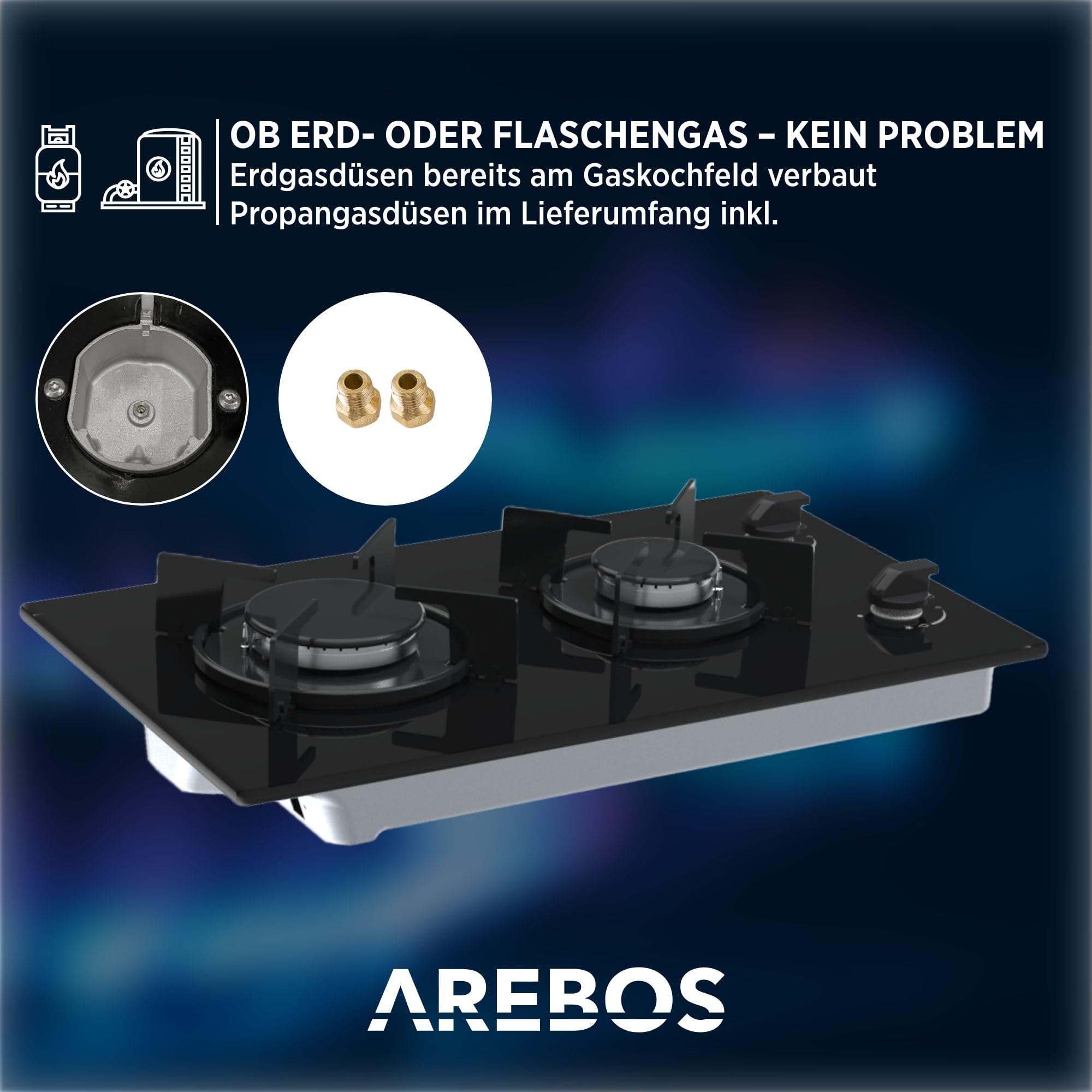 Arebos Gaskochfeld 30cm 2 Brenner | Gasherd aus gehärtetem Glas | Einbaukochfeld mit Gusseisen-Topfträgern | Erdgas & Propangas | Gaskocher mit integrierte Zündsicherung