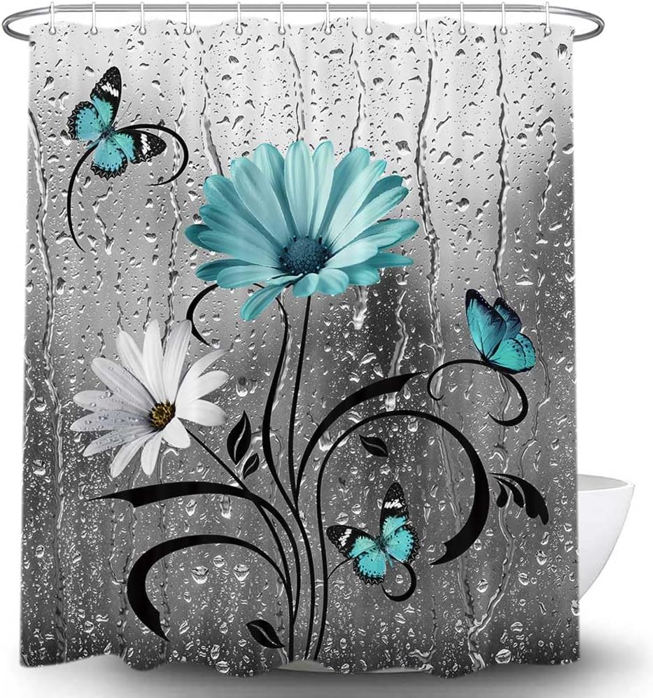 Rustic Teal Floral Boho Shower Curtain, Country Farmhouse Daisy Flowers and Butterfly Shower Curtain for Bathroom, Turquoise Blue Grey Gray Surreal Bathroom Curtain with 12PCS Hooks, 70X84IN