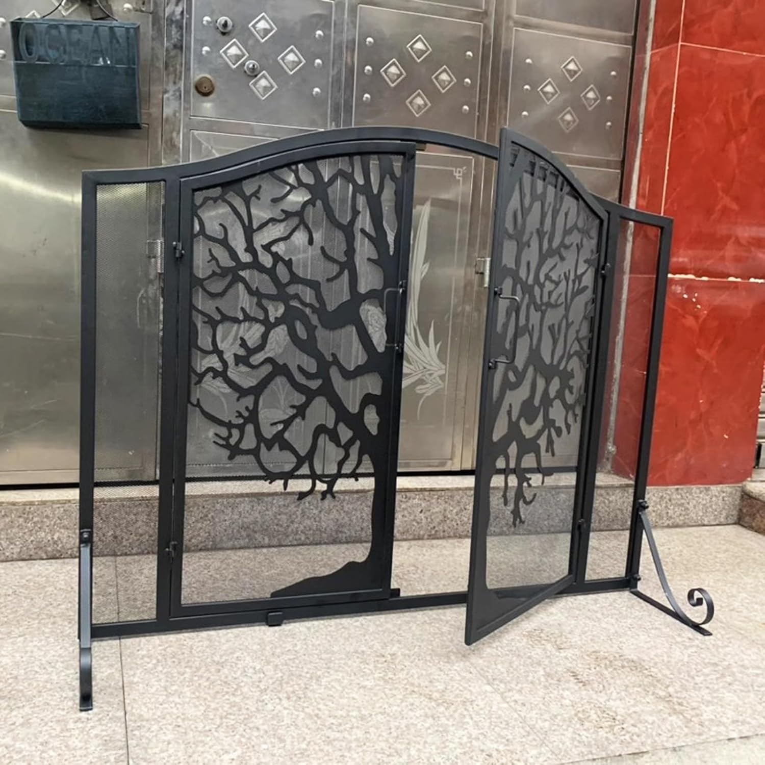 Fireplace Flat Screen with Locking Doors & Bracket, 96x76cm Wrought Iron Spark Guard, Tree Design Fire Screen for Living Room Safety & Home Decor