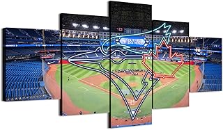 Neon effect Blue Jays Sign With Toronto Baseball Stadium Panoramic Poster (5-Panel Framed Canvas Printing Full Size: 60x100cm) Home Decor Man Cave Wall Art