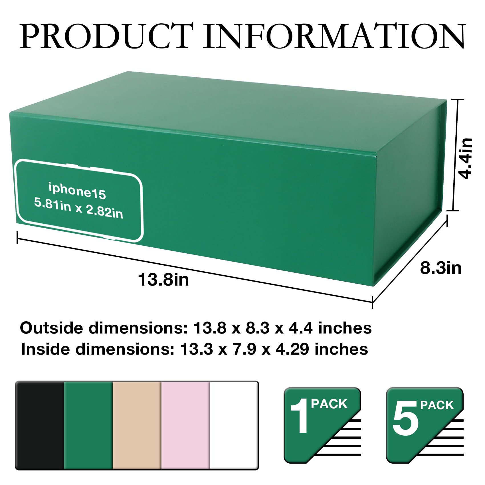 LFBOX Green Christmas Gift Box with Magnetic Lids 13.8x8.3x4.4 in, Bridesmaid Groomsman Proposal Box, Large Rectangle Storage Box 5 Pack
