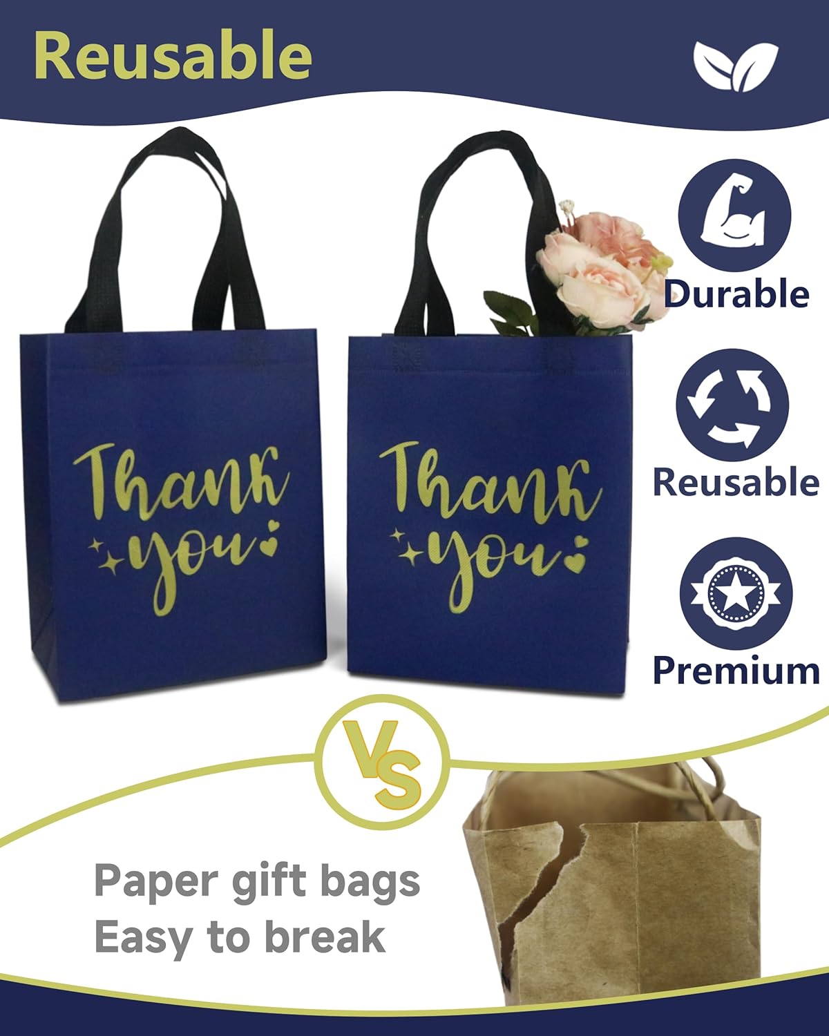 12 Navy Blue Thank You Gift Bags - Sturdy, Reusable, Medium 8x5x10 with Handles, Non-Woven for Weddings, Teachers, Father's Day, Parties, Birthdays & Graduations - Image 4