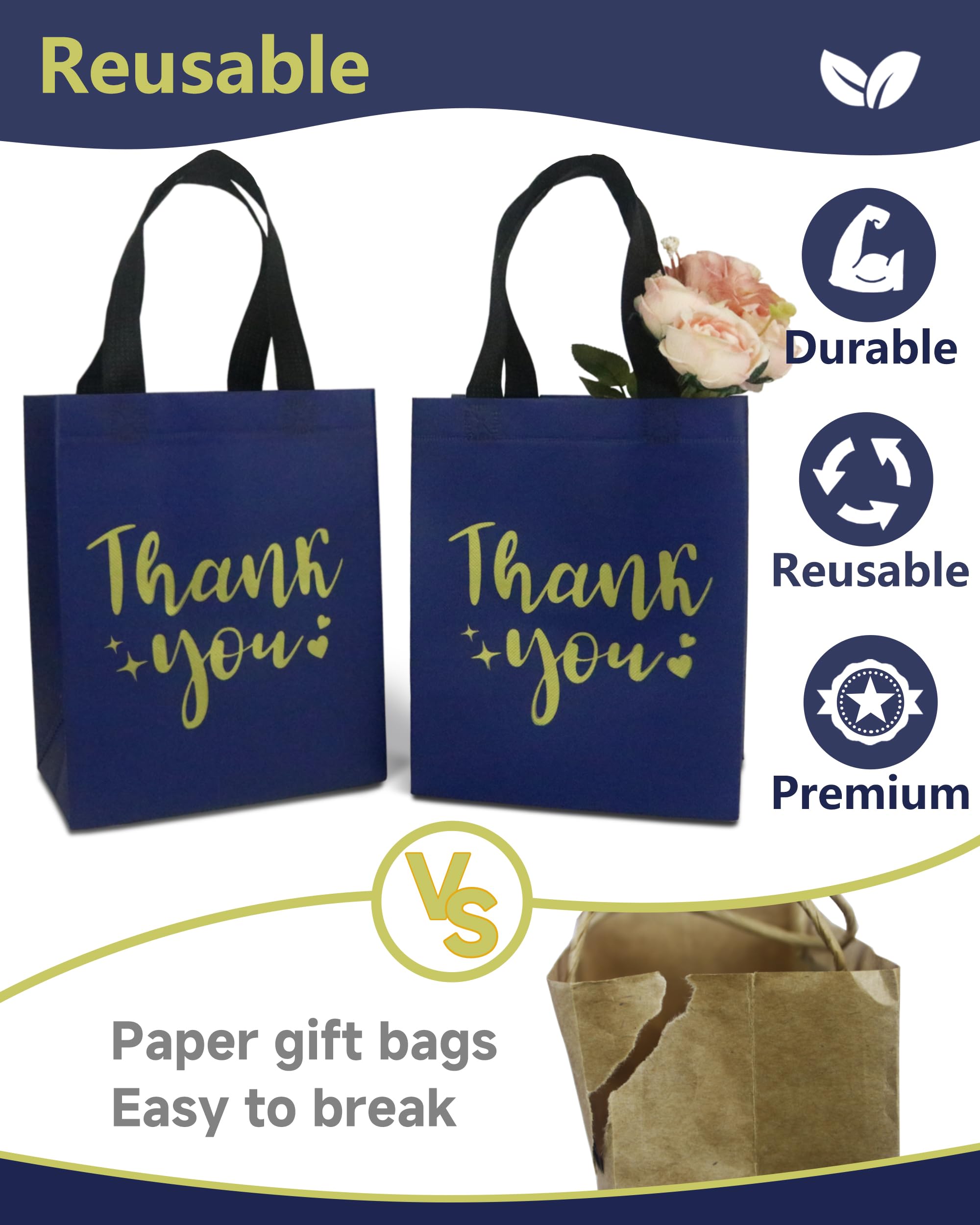 12 Navy Blue Thank You Gift Bags - Sturdy, Reusable, Medium 8x5x10 with Handles, Non-Woven for Weddings, Teachers, Father's Day, Parties, Birthdays & Graduations