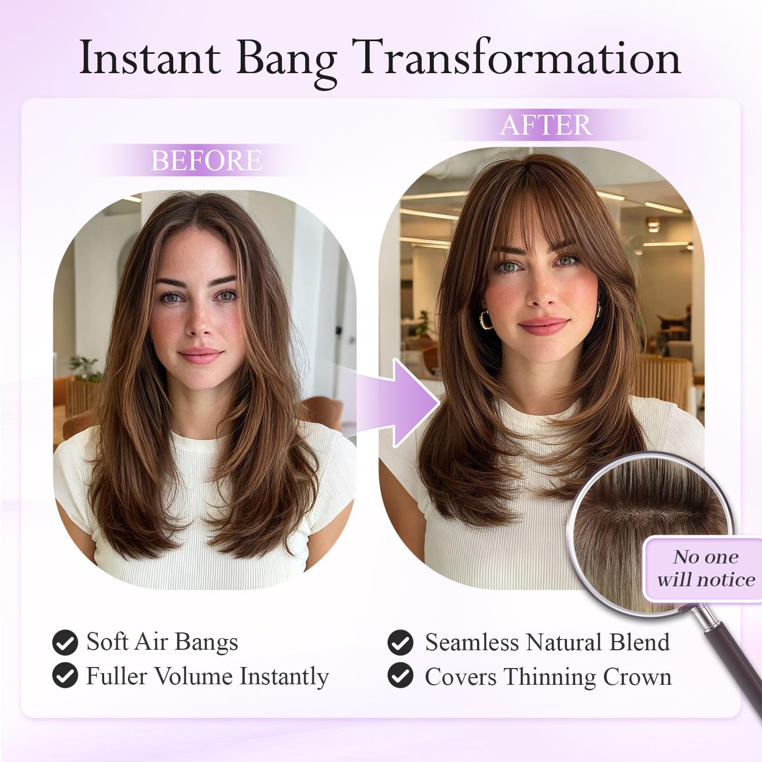 Fine Plus Hair Toppers for Women Real Human Hair, 10'' Hair Toppers with Bangs Clip In Bangs Wiglets Lace Base Topper with Natural Parting Wiglets Hairpieces for Women