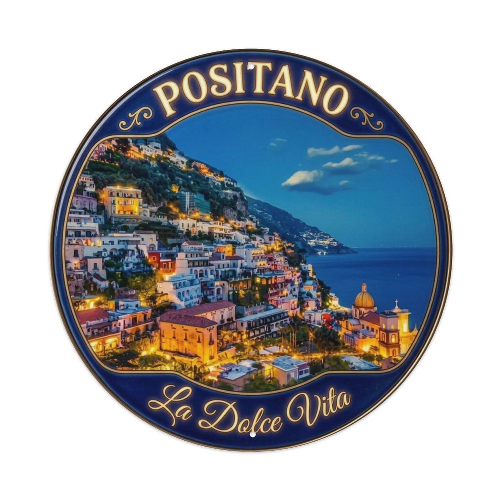 Amalfi Coast Positano Italian Coastal Southern Italy Metal Tin Sign Plaque Wall Decor for Cafe, Man Cave, Club Bar, Office, Home Garden Round Metal Poster 8x8Inch