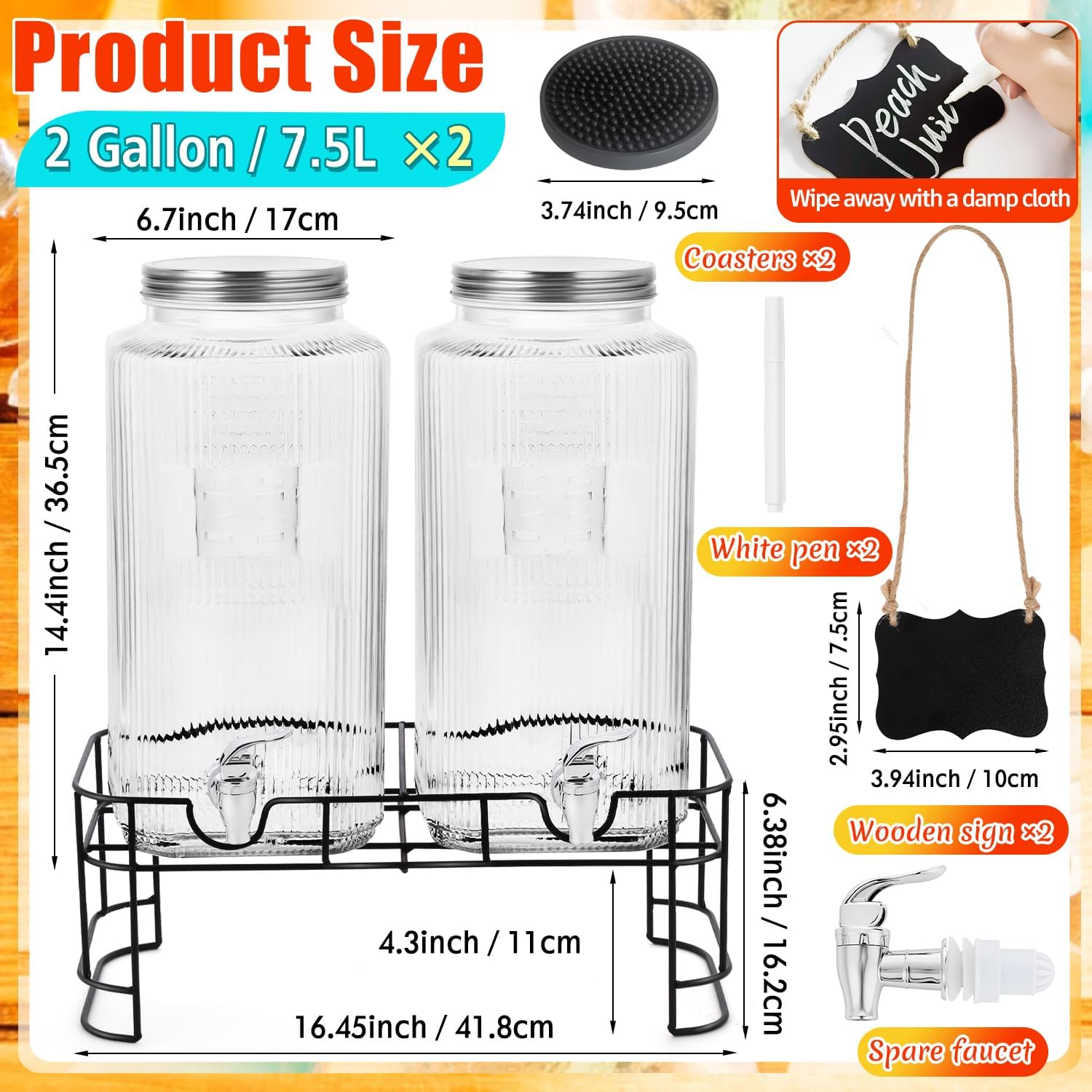 2 Pack 2 Gallon Glass Drink Dispenser Glass Beverage Dispenser with Stand Spigot Drink Coasters and Filter Leakproof Water Jar Clear Iced Drink Jug for Parties Juice Lemonade Picnics Fridge