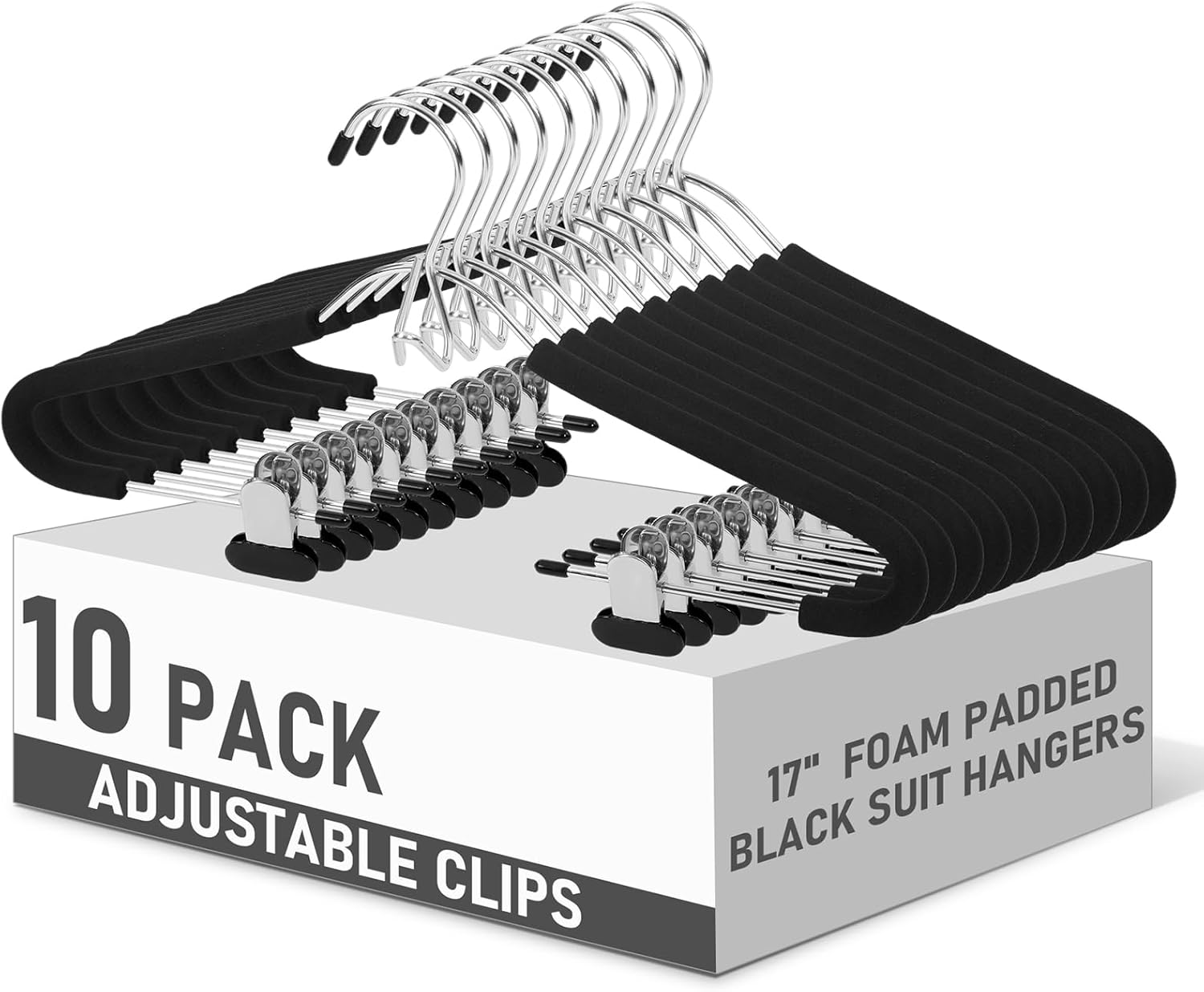 Kathfly 10 Pack Foam Padded Black Suit Hangers with Adjustable Clips 17" V-Hook Non-Slip Hangers No Shoulder Foam Bump Pants Stand Space Saving for Trouser Coat Jeans Dresses Camisoles Skirt