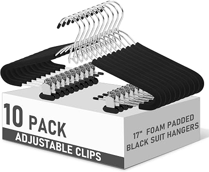 Kathfly 10 Pack Foam Padded Black Suit Hangers with Adjustable Clips 17" V-Hook Non-Slip Hangers No Shoulder Foam Bump Pants Stand Space Saving for Trouser Coat Jeans Dresses Camisoles Skirt