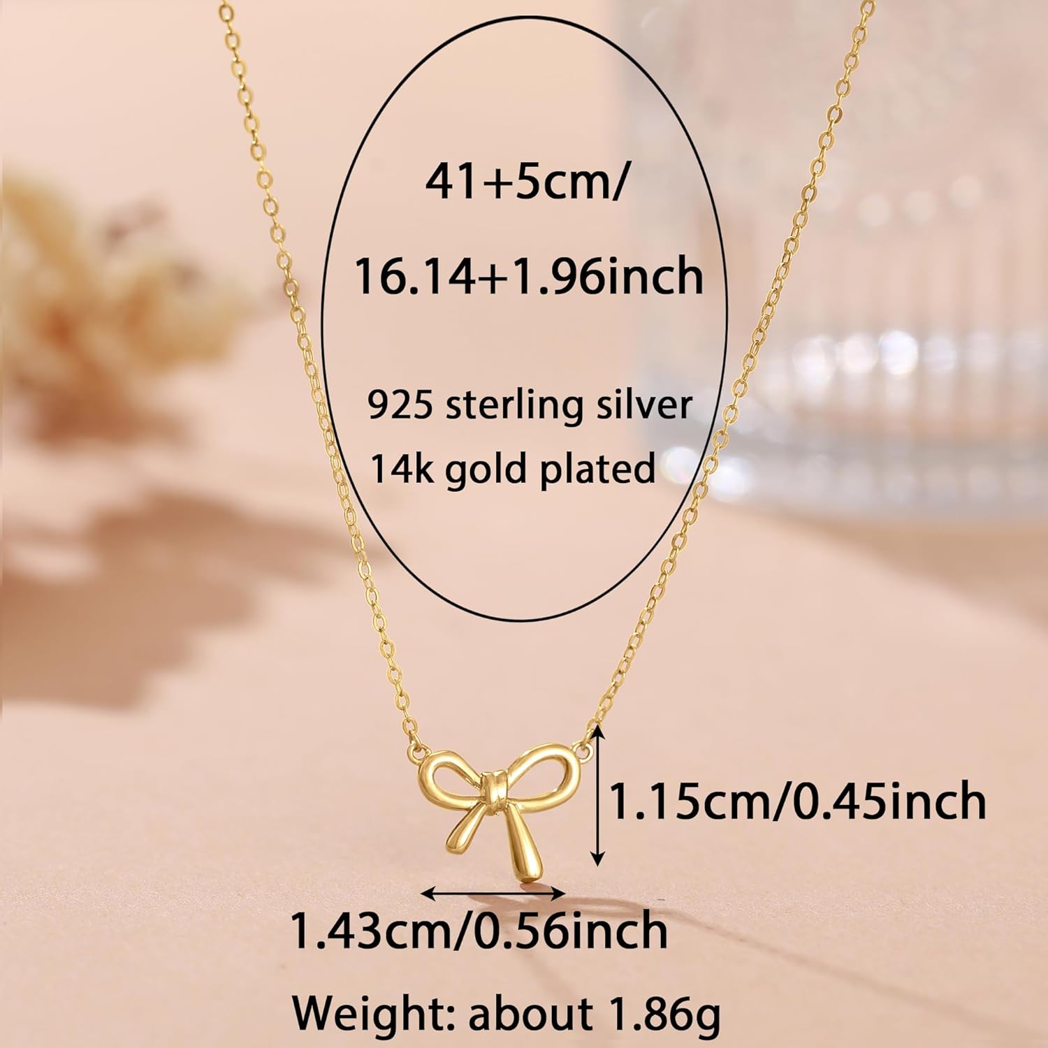 Easter Basket Stuffers 925 Sterling Silver Dainty Bow Necklace for Women Mom 14K Gold Plated Trendy Cute Bow Charm Necklace to Daughter Bowknot Pendant Choker Chain Mother's Day Birthday Jewelry Gifts