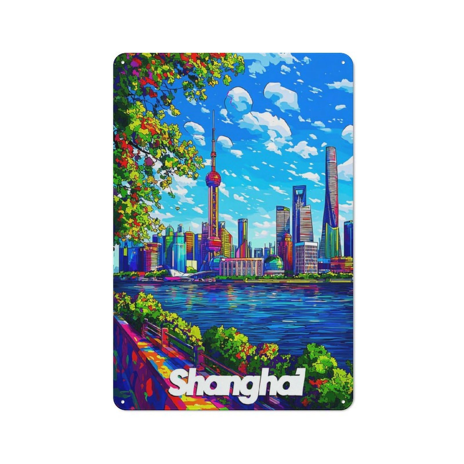 Junmoney Colorful Shanghai Skyline Decorative Tin Sign With Design 30X20cm, Farmhouse Cottage Wall Art For Farmhouse Kitchen, Pantry Or Dining Area