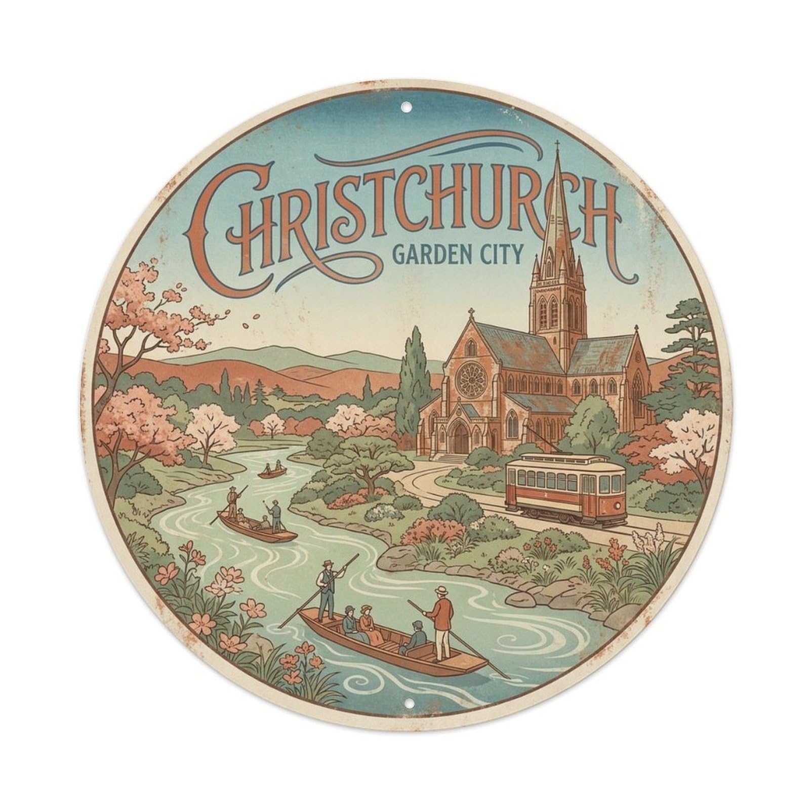 Retro New Zealand Christchurch Travel Landmark Metal Tin Sign
