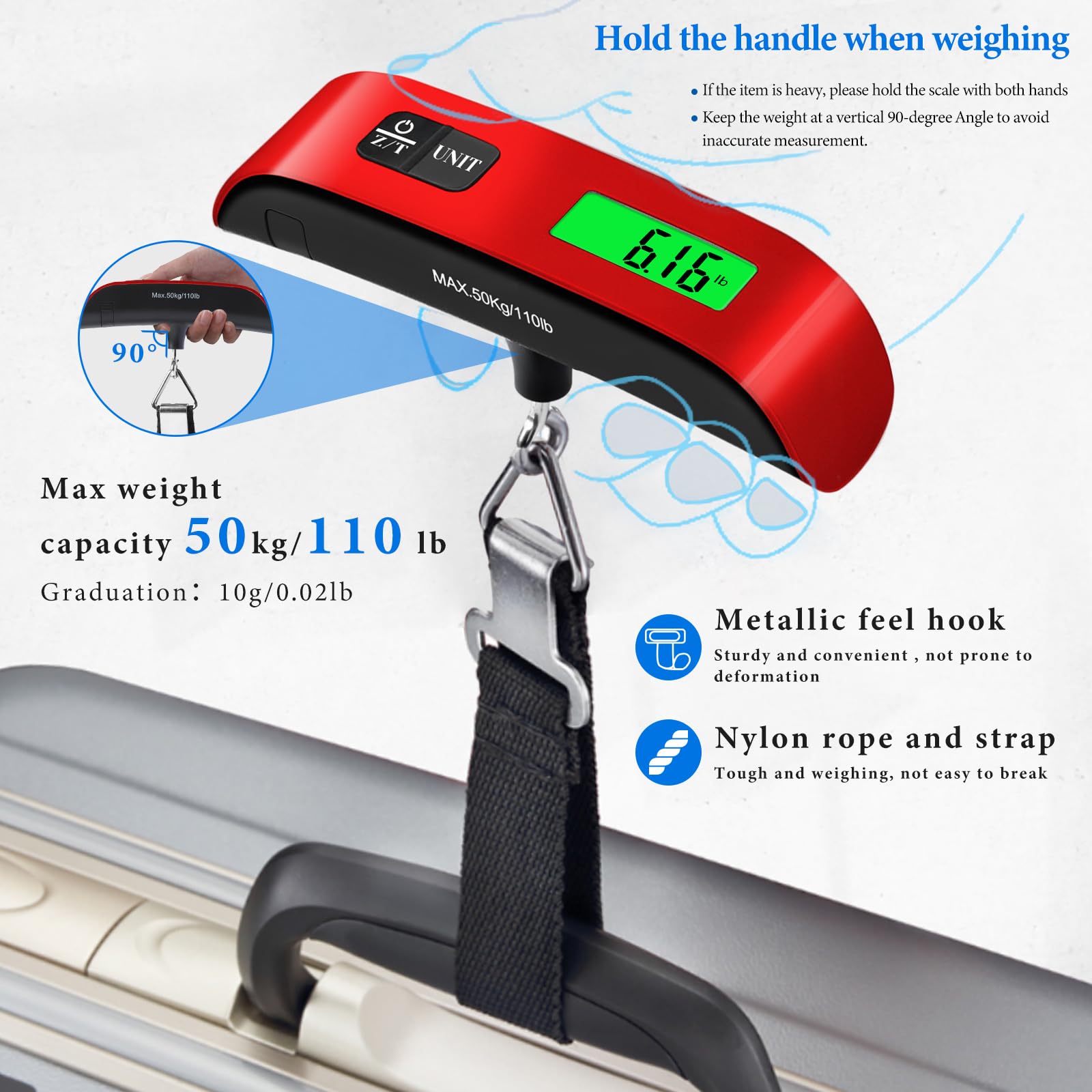 Pèse-bagages portable de 50 kg avec écran LED, balance numérique de voyage pour bagages, sacs à dos, fruits et animaux domestiques (rouge)