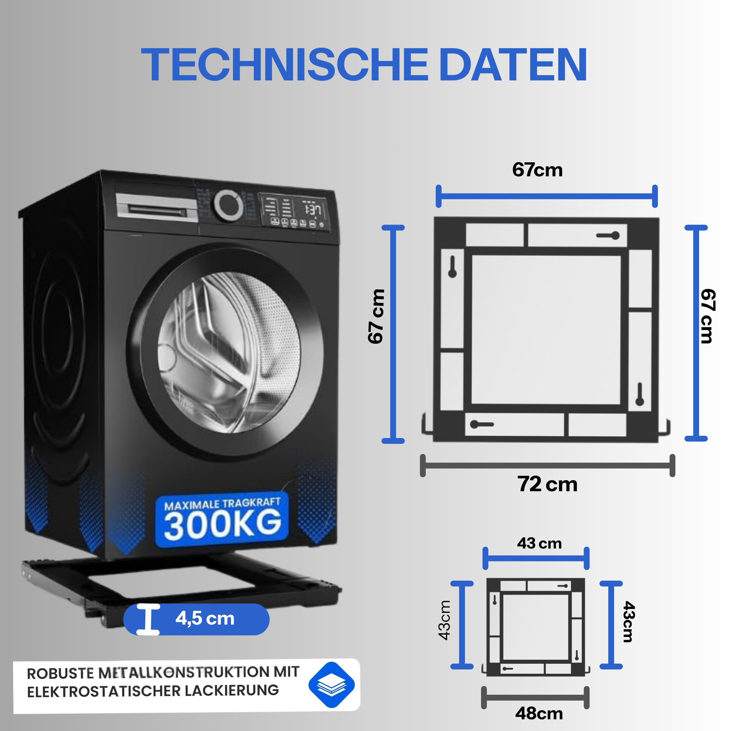 Waschmaschinen Untergestell mit Rollen & Bremse – verstellbar 37–67 cm – 300 kg Traglast – Transportroller mit Vibrationsdämpfung für Waschmaschine, Trockner & Kühlschrank