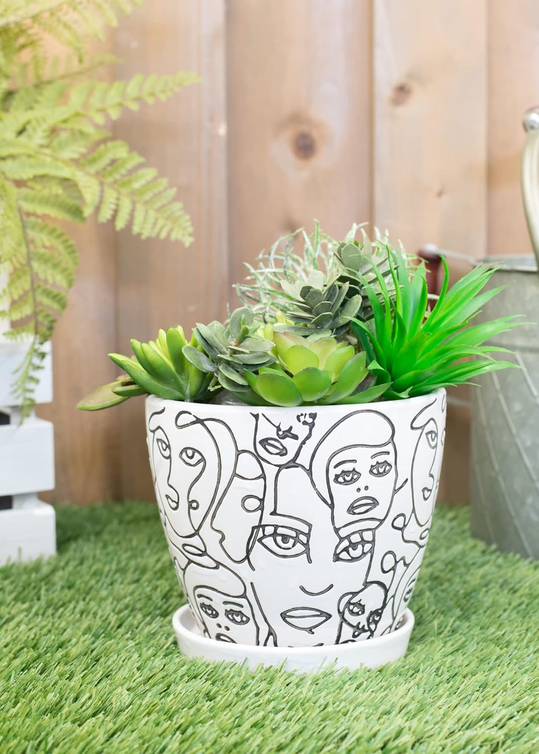 Napco White Black Sketched Faces 6 x 6 Ceramic Table Top Planter Pot with Saucer