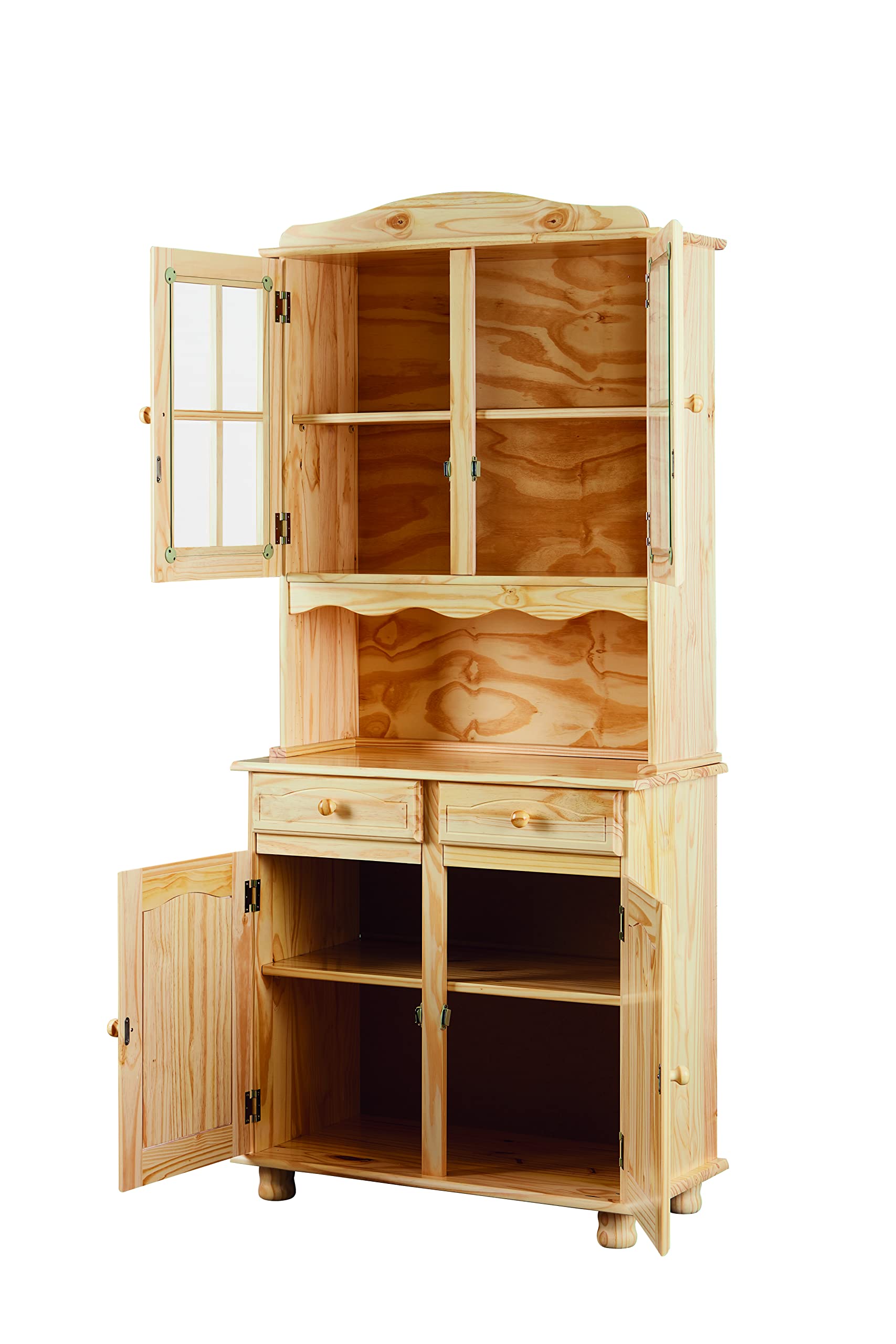 Inter Link – Vitrinenschrank - Küchenschrank - Geschirrschrank - Esszimmerschrank – Vitrine – Standvitrine - Landhausstil - Kiefer Massivholz – 2 Türig – Alicante - Natur lackiert