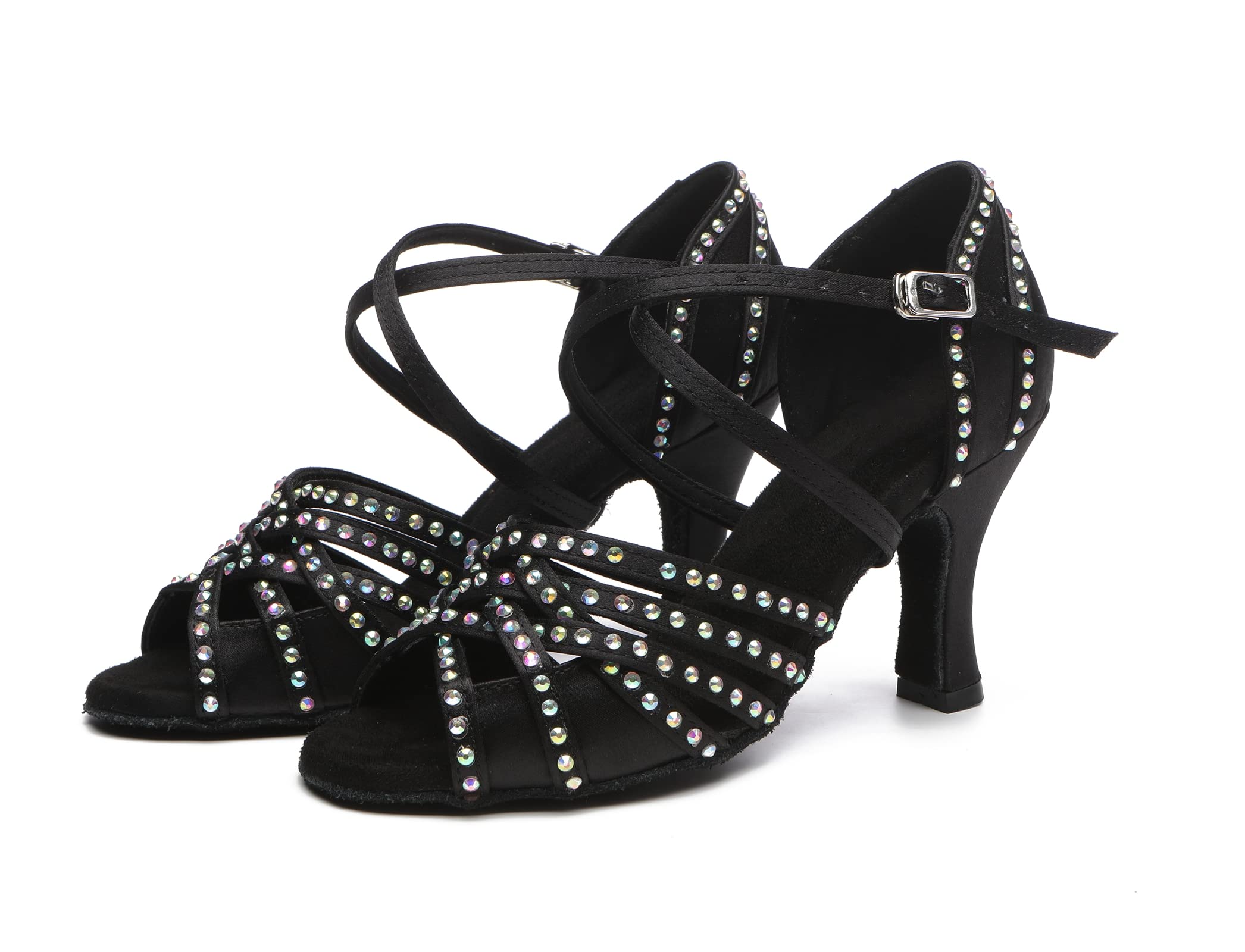 Minishion Dancing Salsa Shoes for Women Rhinestone Wedding Sandals L510 Black US 6