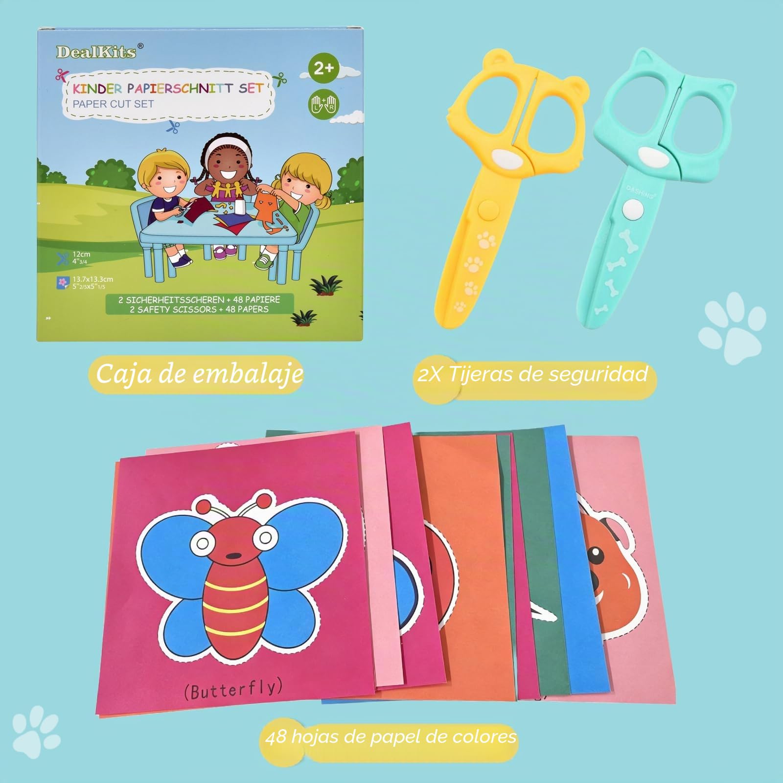 DealKits Juego de Corte Para Niños - 2 Tijeras de Seguridad + 48 Hojas - Actividades Divertidas Para Preescolar y Guardería - DIY