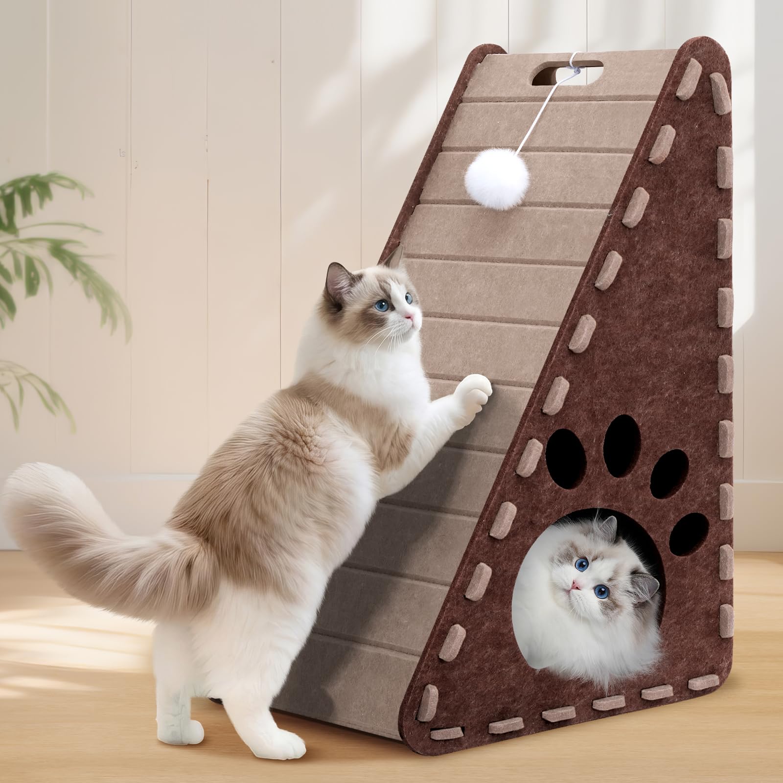 Mittimiya 3-in-1 Filz Kratzbrett Katze, 63 cm Hohe Dreieck kratzbretter Katze mit Ballspielzeug, für Katzen Kratzen Spielen Ausruhen(Braun)