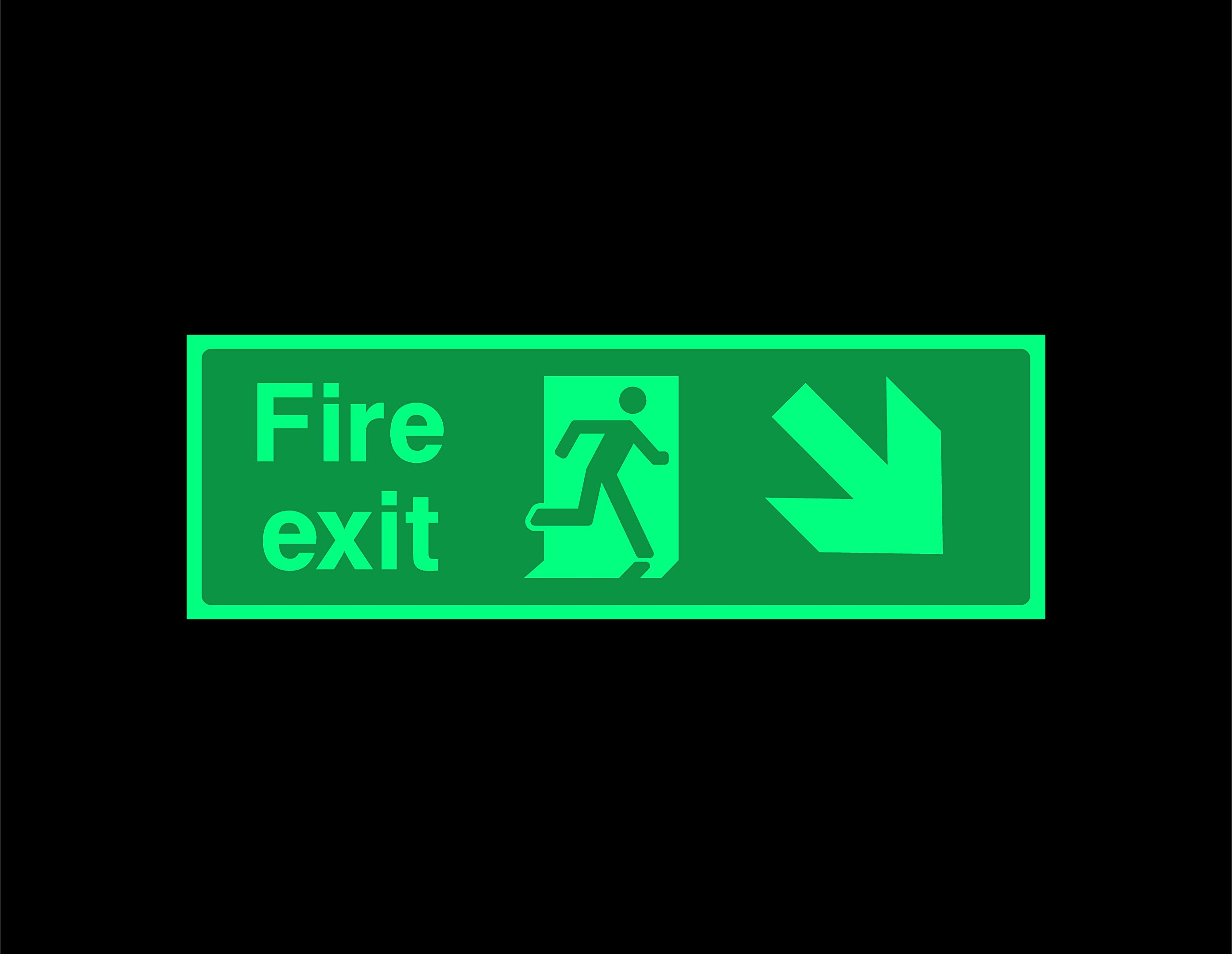 Fire exit diagonal Down right Safety sign - 300mm x 100mm 1.2mm Photoluminescent rigid plastic with self adhesive backing