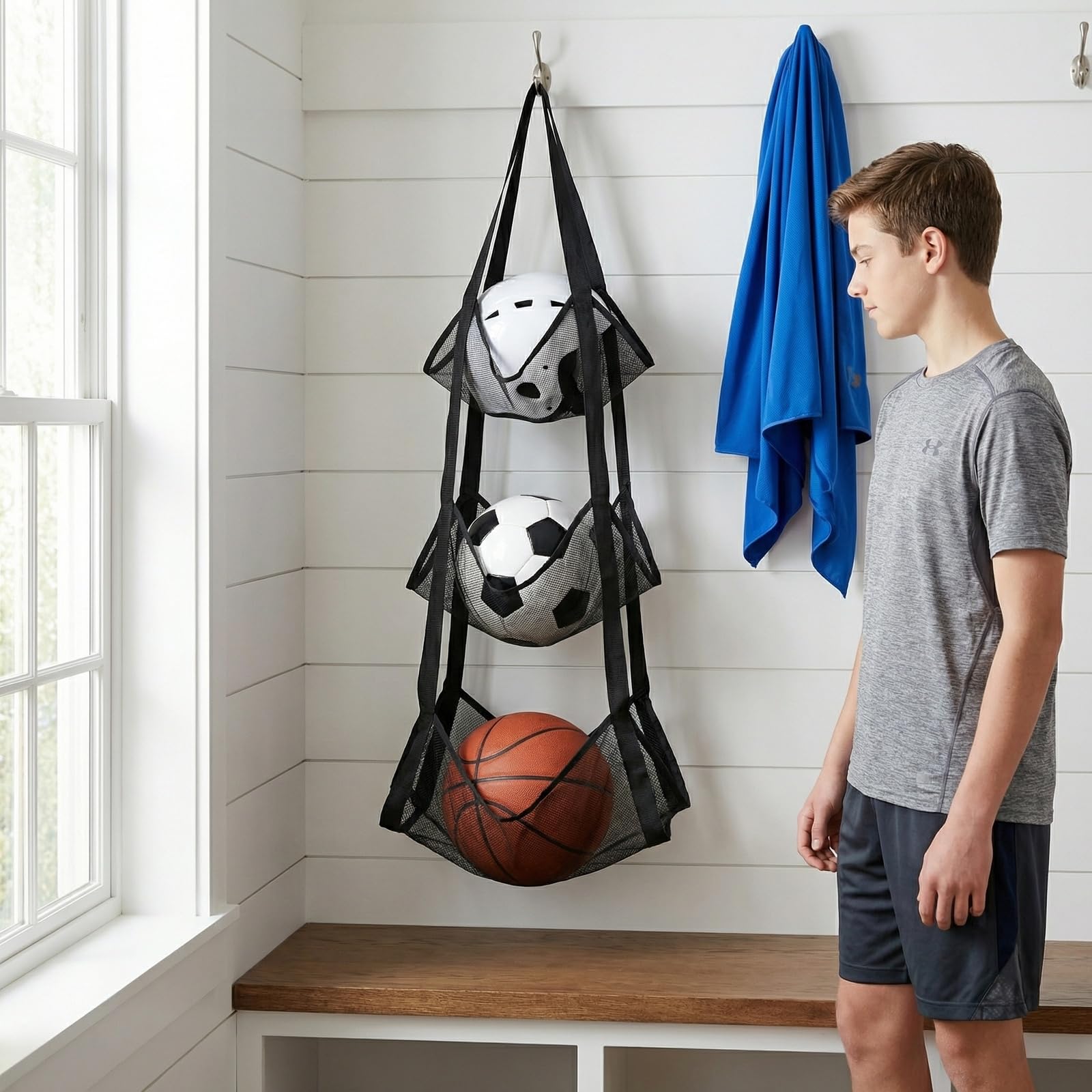 FooYee Ball Aufbewahrung, Über der Tür Hängender Sportgeräte-Organizer, Ballhalter, Ball Aufbewahrung, Ballhalterung Wand Basketball Fußballregal, Hänge-Organisator für Fußball Basketball Volleyball Küche, Haushalt & Wohnen