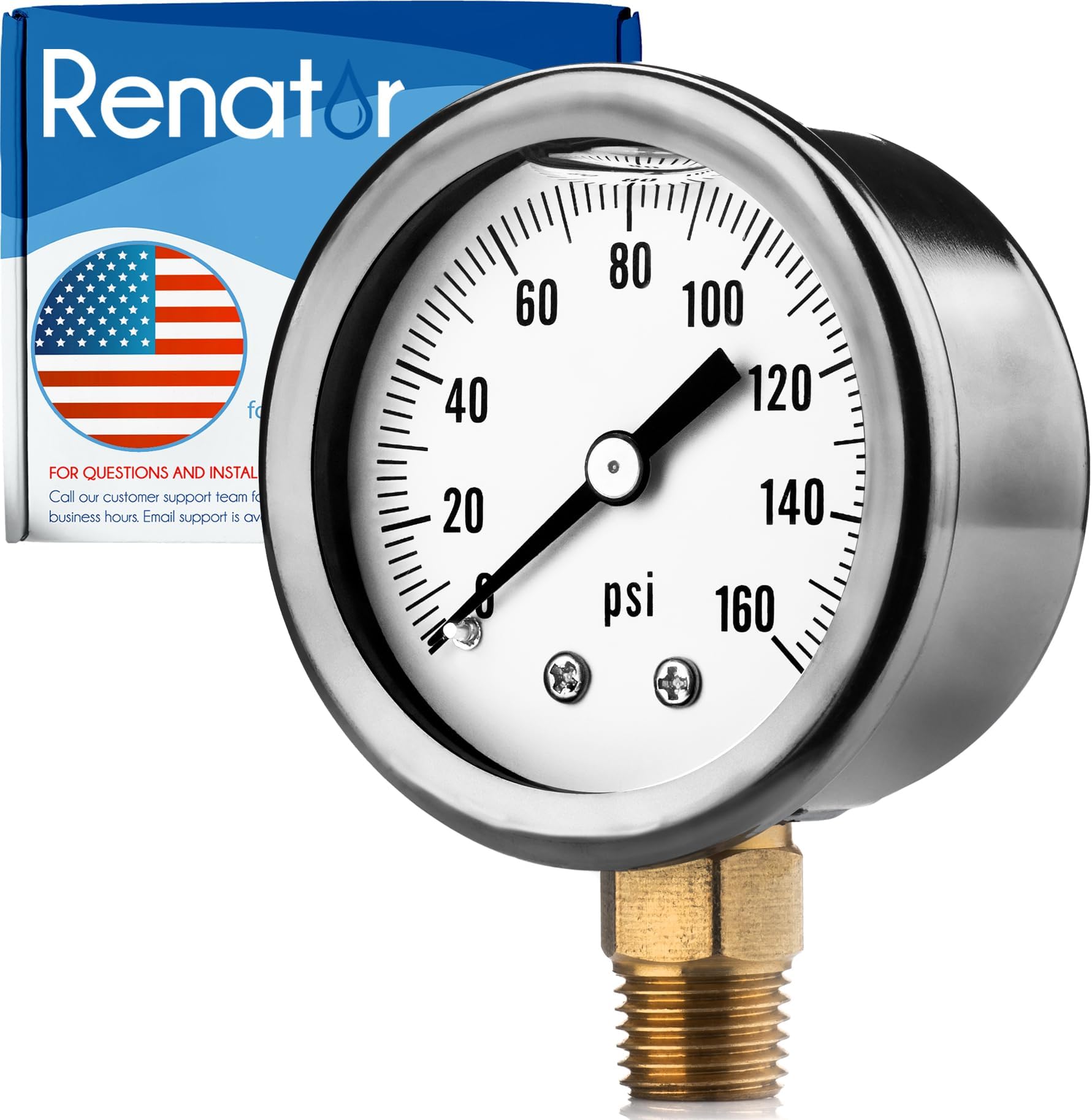 Renator Water Pressure Gauge 1/4" NPT. RV Camper Water Pressure Gauge Oil Filled 0-160 PSI