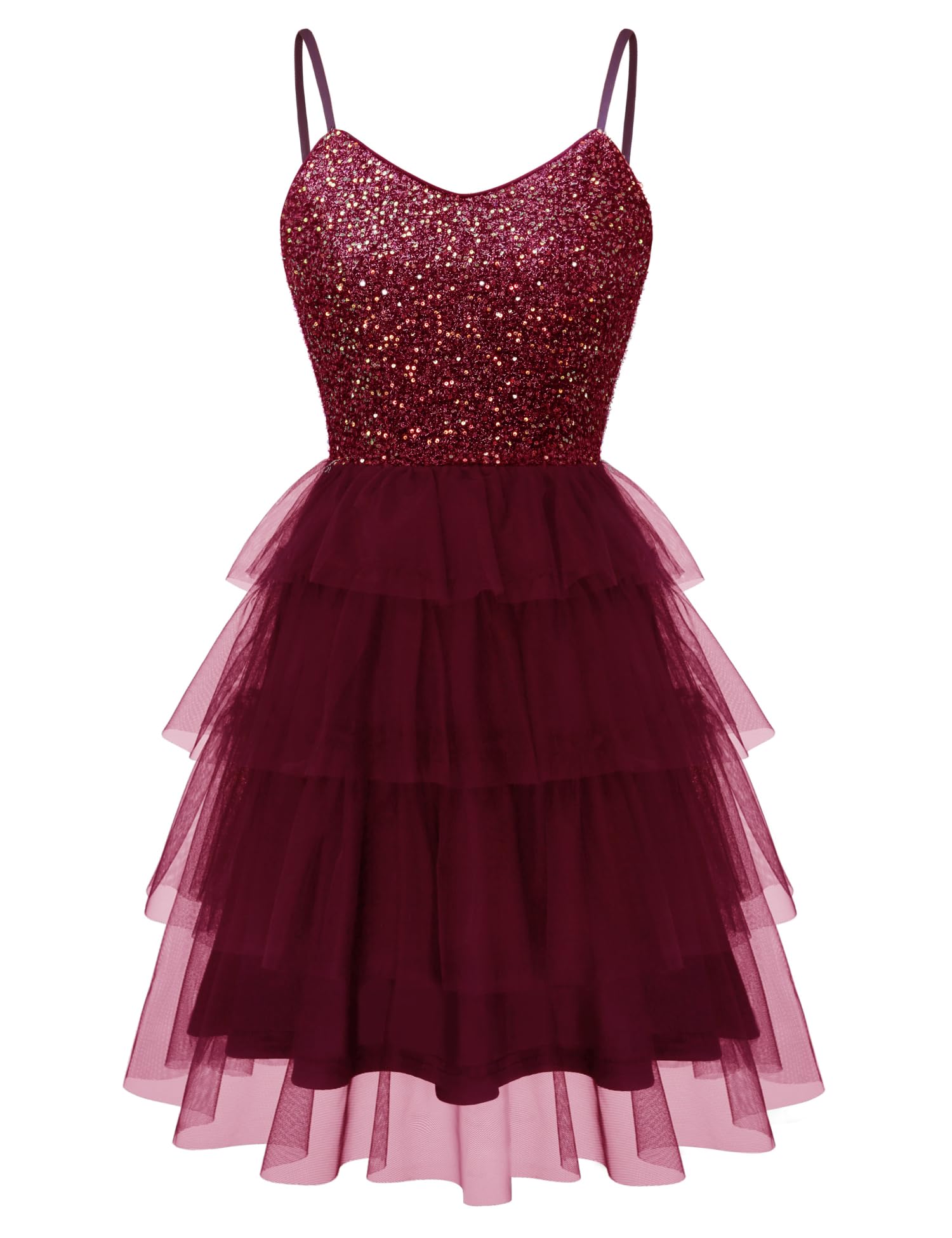 Dressystar 2026 Women's Tiered Sparkly Sequin Glitter Formal Prom Dress Mini Spaghetti Strap Tulle Cocktail Party Dresses