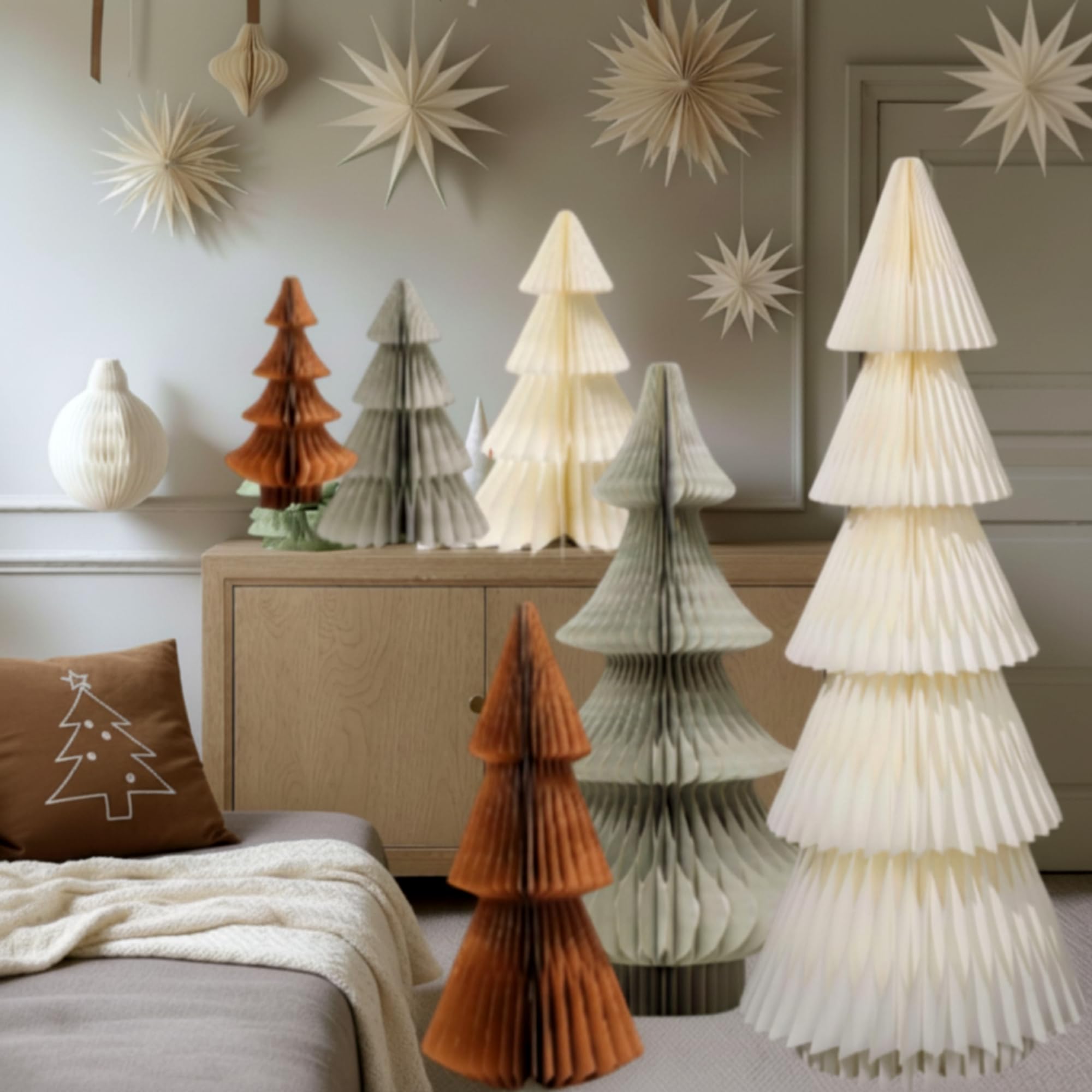 Motiskyy 6 Pcs 4ft 2ft 1ft Large Christmas Honeycomb Paper Trees, 6 Sizes Foldable Table Centerpiece with Magnetic Design, Paper Tree Ornaments for Xmas Home Office Party Holiday Decor(Neutral Color)