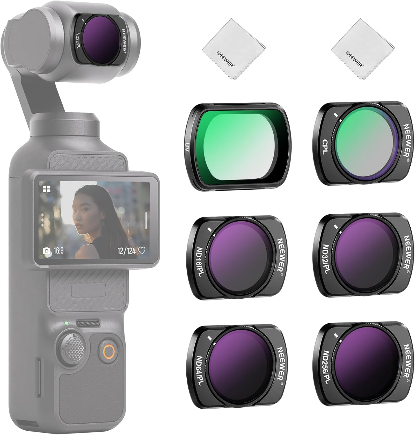 NEEWER Magnetic ND CPL UV Filter Set Compatible with DJI Osmo Pocket 3 Creator Combo Accessories, Polarized ND ND16/PL ND32/PL ND64/PL ND256/PL, 6 Pack Lens Filter Kit + 2X Cleaning Cloth