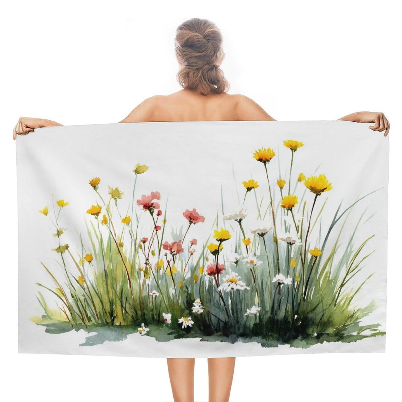 LSRCPD Watercolor Wildflowers in Grass Beach Towel Sand Free Microfiber Large Shower Towels Multipurpose Absorbent for Bathroom Pool 130x80 CM