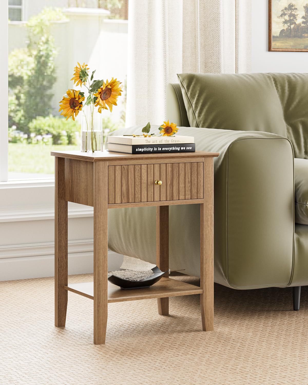 HEYZOEY Mesita de noche retro con 1 cajón, mesita de noche de madera maciza, estilo bohemio, para dormitorio, salón, nogal