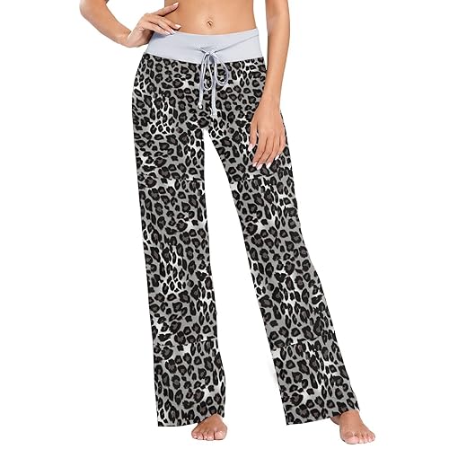 Women's Pajama Pants Black Grey Leopard Print Women Pjs Bottoms Wide Leg Lounge Palazzo Yoga Drawstring Pants M