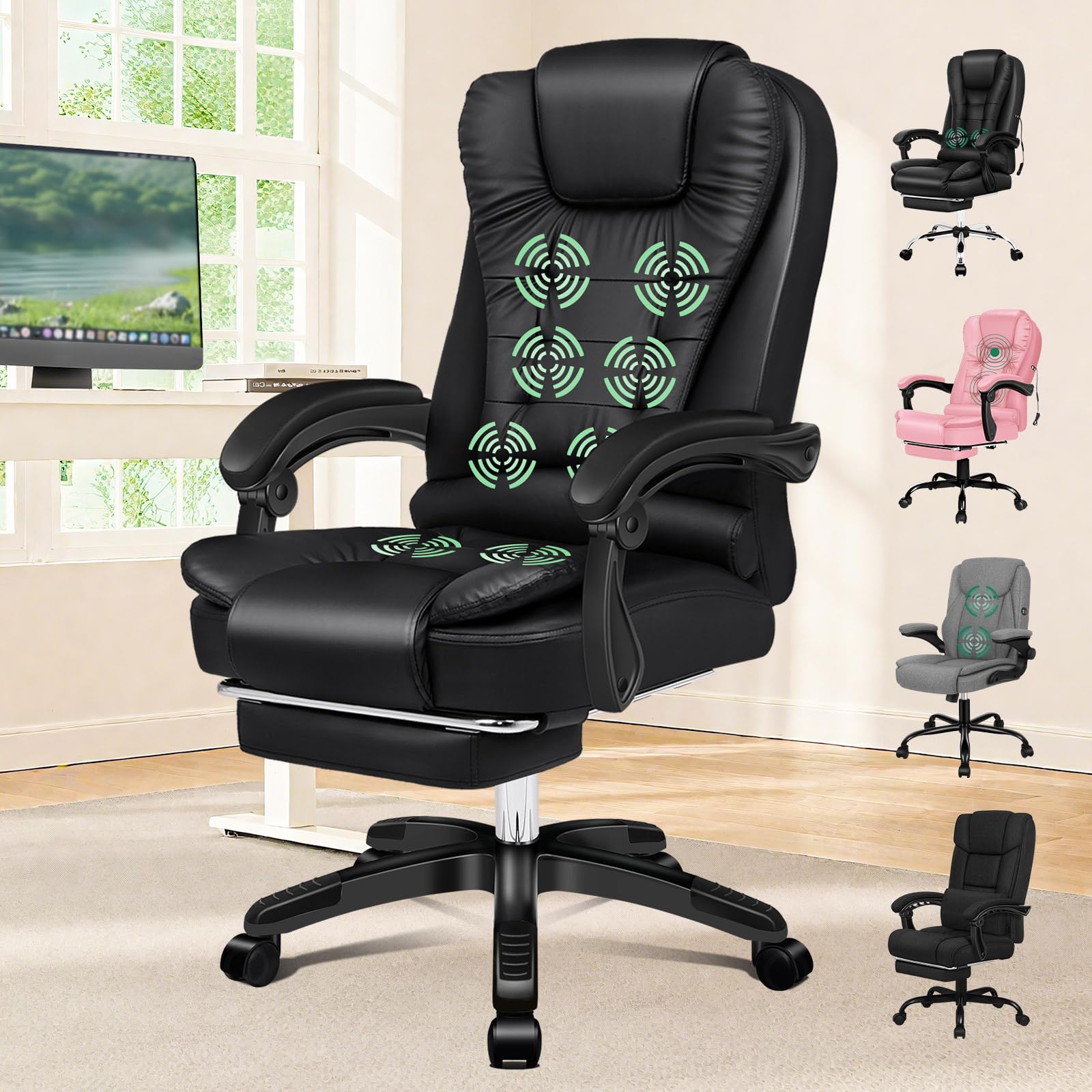 ELFORDSON Executive Office Chair with 8-point Massage Seat Heated, PC Desk Gaming Chair with Armrests Footrest High Back 150° Recliner Tilt Padded Swivel PU Leather, Black