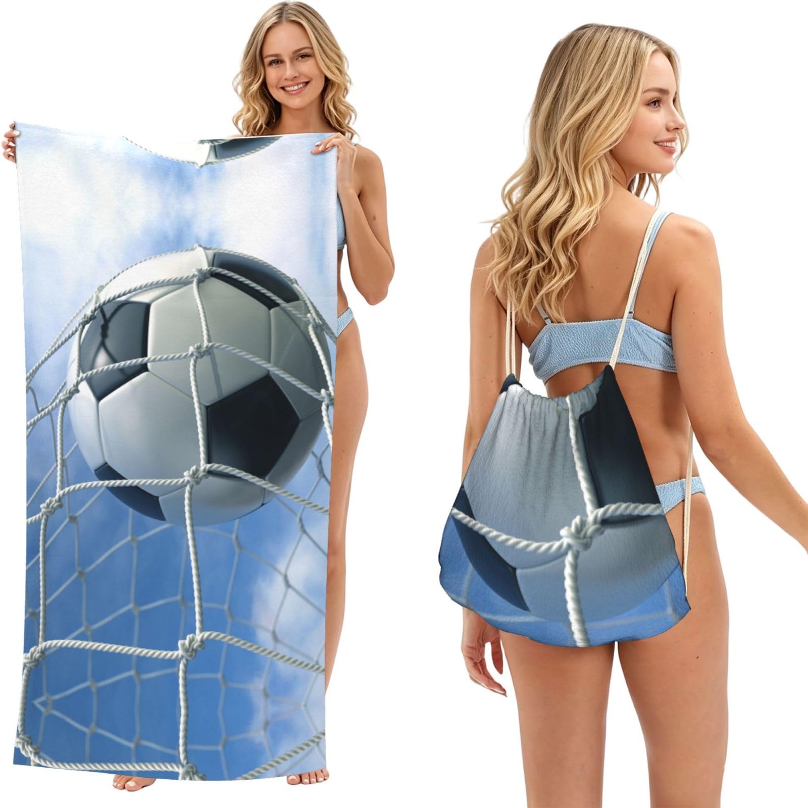 ESNAIUVCD Soccer Print Beach Towel For Adults,Towel With Drawstring Bag, Travel Pool Swimming Sports Shower Sand Free Quick