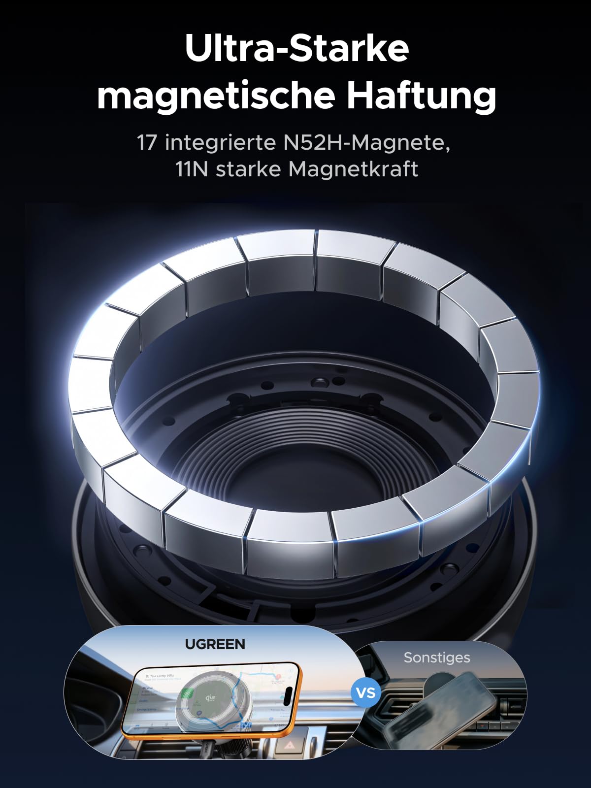 UGREEN Magflow Pro Handyhalterung Auto Ladegerät mit Kühlung 25W, Qi2 zertifizierte Magsafe Autohalterung mit Ladefunktion Kfz Handyhalterung mit lüfter kompatibel mit iPhone 16-17-Serie