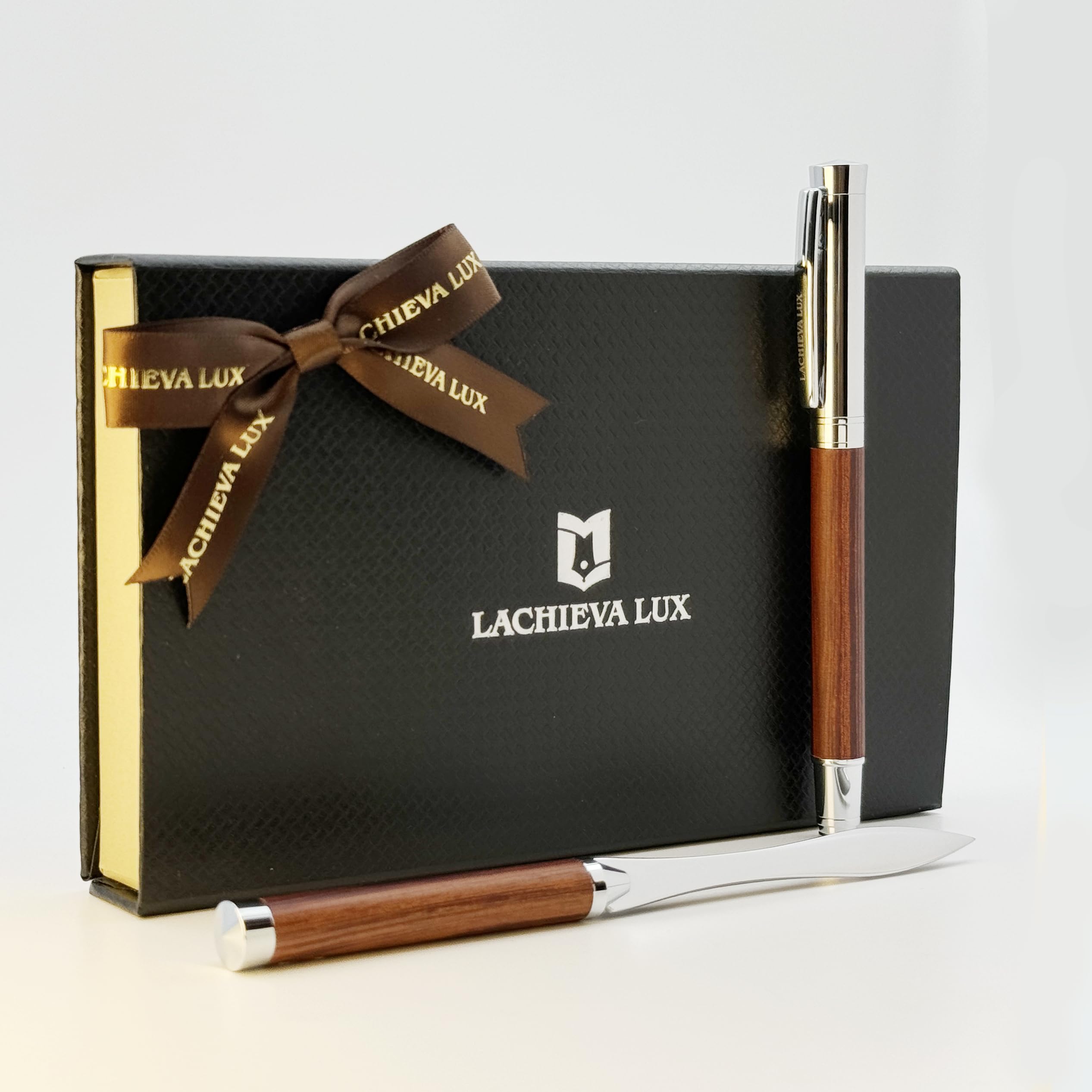 LACHIEVA LUX Rosewood Rollerball Pen and Letter Opener Gift Set, Solid Wood with Natural Grain, Gift for Men and Women TimberDuo Series