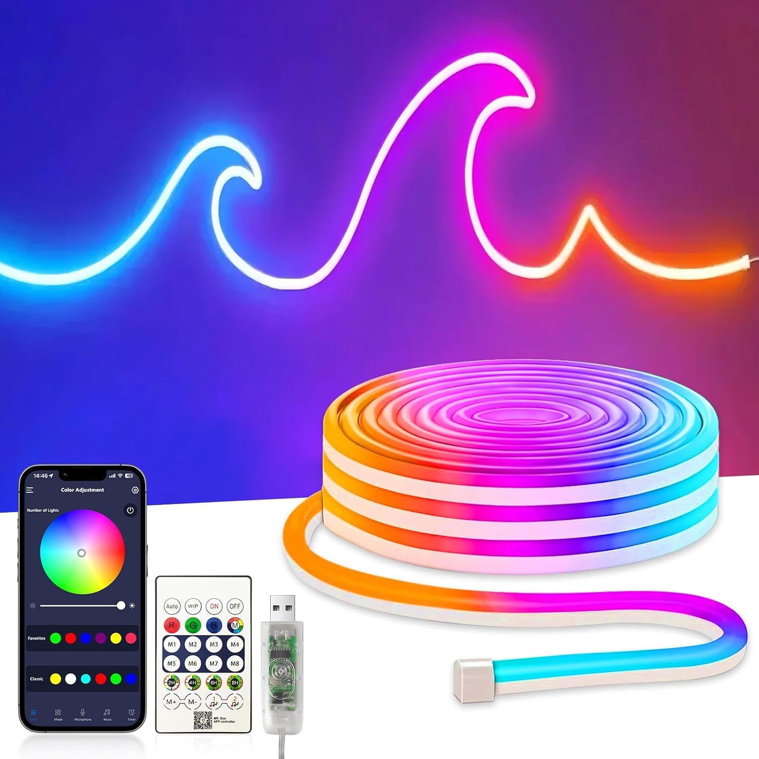ezmyma 3M LED Neon Strip, Flexible Neon LED Rope Lights, RGB IC Gaming Strip Light, Music Sync, DIY LED Lights for Bedroom, Kitchen, Party, Living Room, Enfant