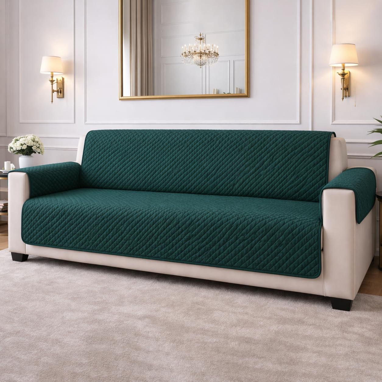 STITCHNEST 'Airsoft Range Series' Solid Quilted Velvet Sofa Cover for 1 Seater | Premium Soft Velvet Sofa Protector | Green Diamond Quilted Design with Armrest Pockets | Furniture Cover