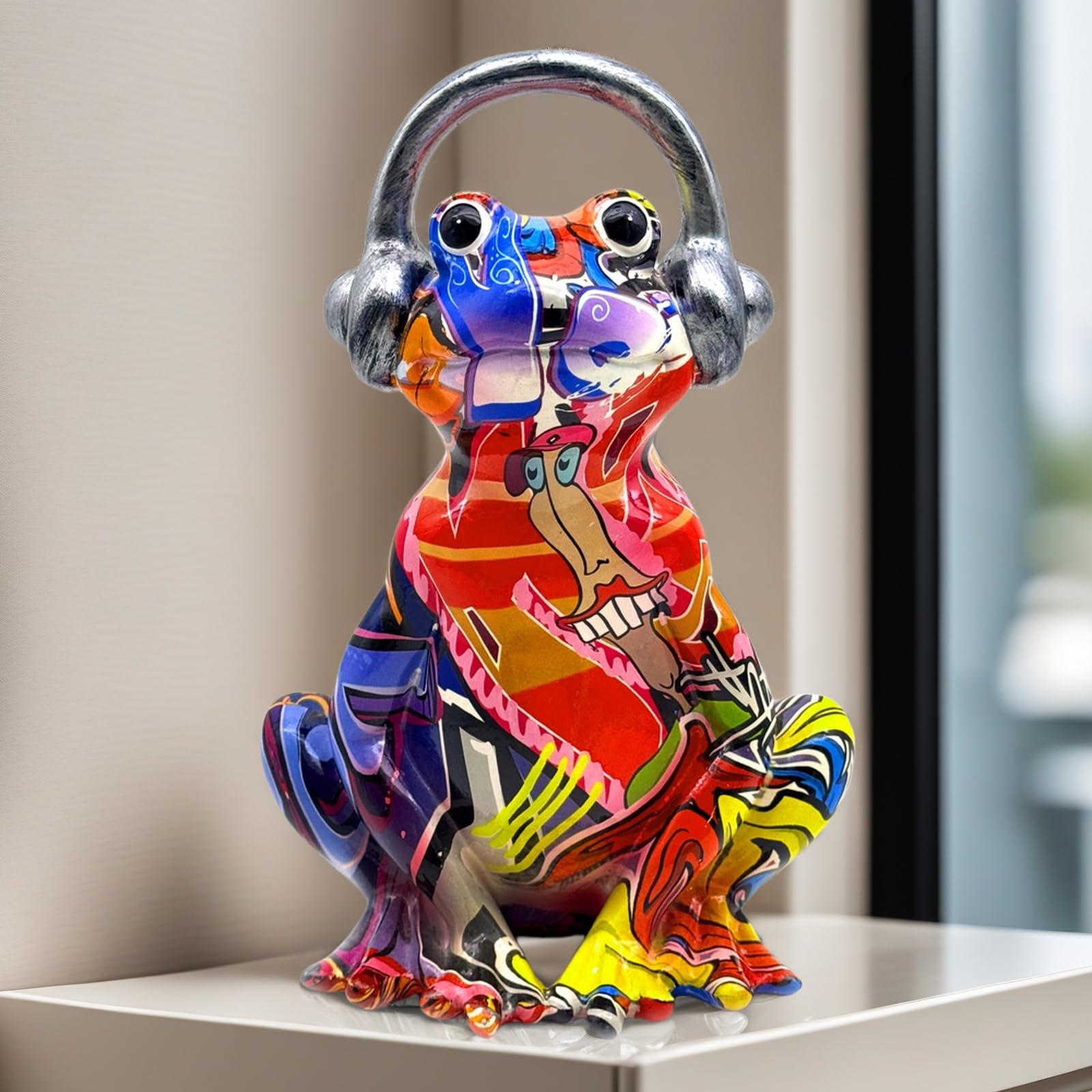 XINDAM Funny Frog Listen to Music with Headphones Statue Figurines Craft Model Home Office Display Decorative Living Room Tabletop Decor (Frog 2)