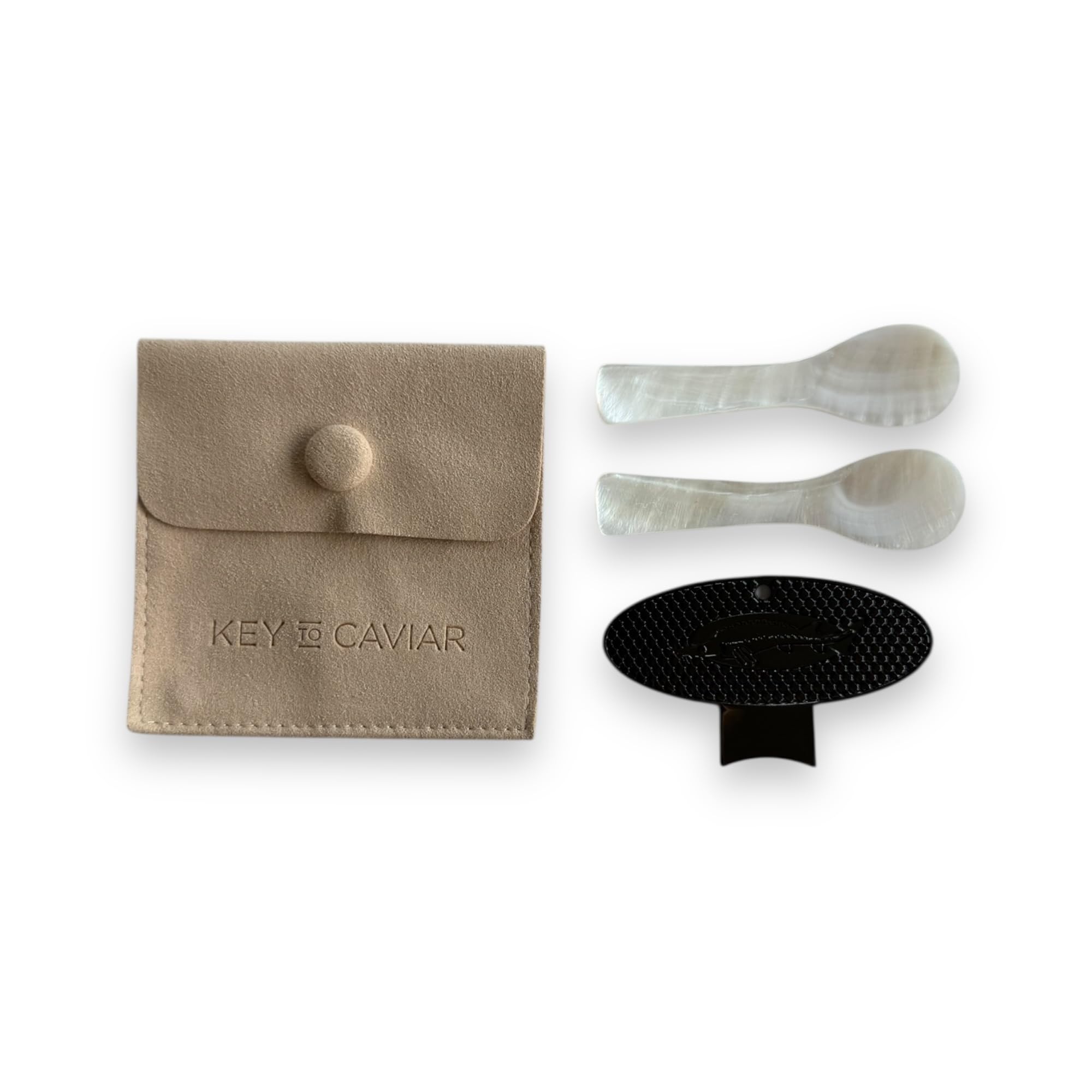 Abrelatas con llave de caviar + juego de cuchara de nácar (ónix)