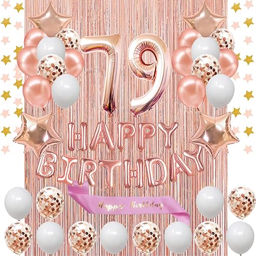 partyshop - Decoraciones de cumpleaños número 79, pancarta de feliz cumpleaños de oro rosa, banda, globos del número 79, confeti de látex, pancarta