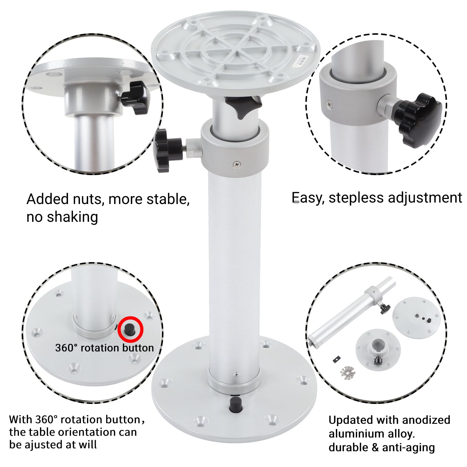Gambe da tavolo regolabili in alluminio, da 460 a 700 mm, girevole a 360 gradi, per camper, barca, yacht