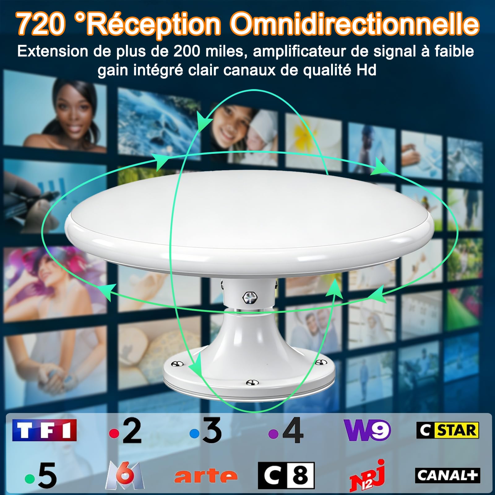 Antenne TV Exterieure/Intérieur Puissante HD 4K, Réception Omnidirectionnelle 360° Antenne TNT Exterieur, pour Camping Car, Caravane, Fourgon, Van, Camion, Bateau-35 FT Câble Coaxial﻿ (Pure White)